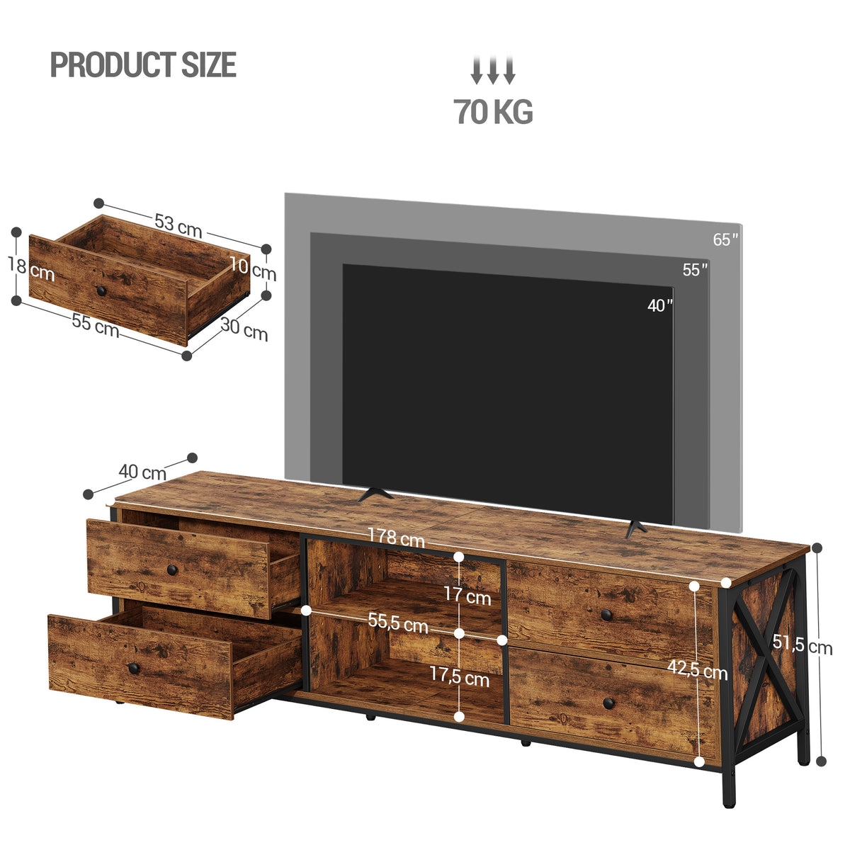 Hzuaneri TV cabinet with 4 drawers, TV stand for TVs under 80 inches, with 2 open compartments, 40 x 178 x 50 cm, TV cabinet for living room, bedroom, vintage brown-black,TV17801B