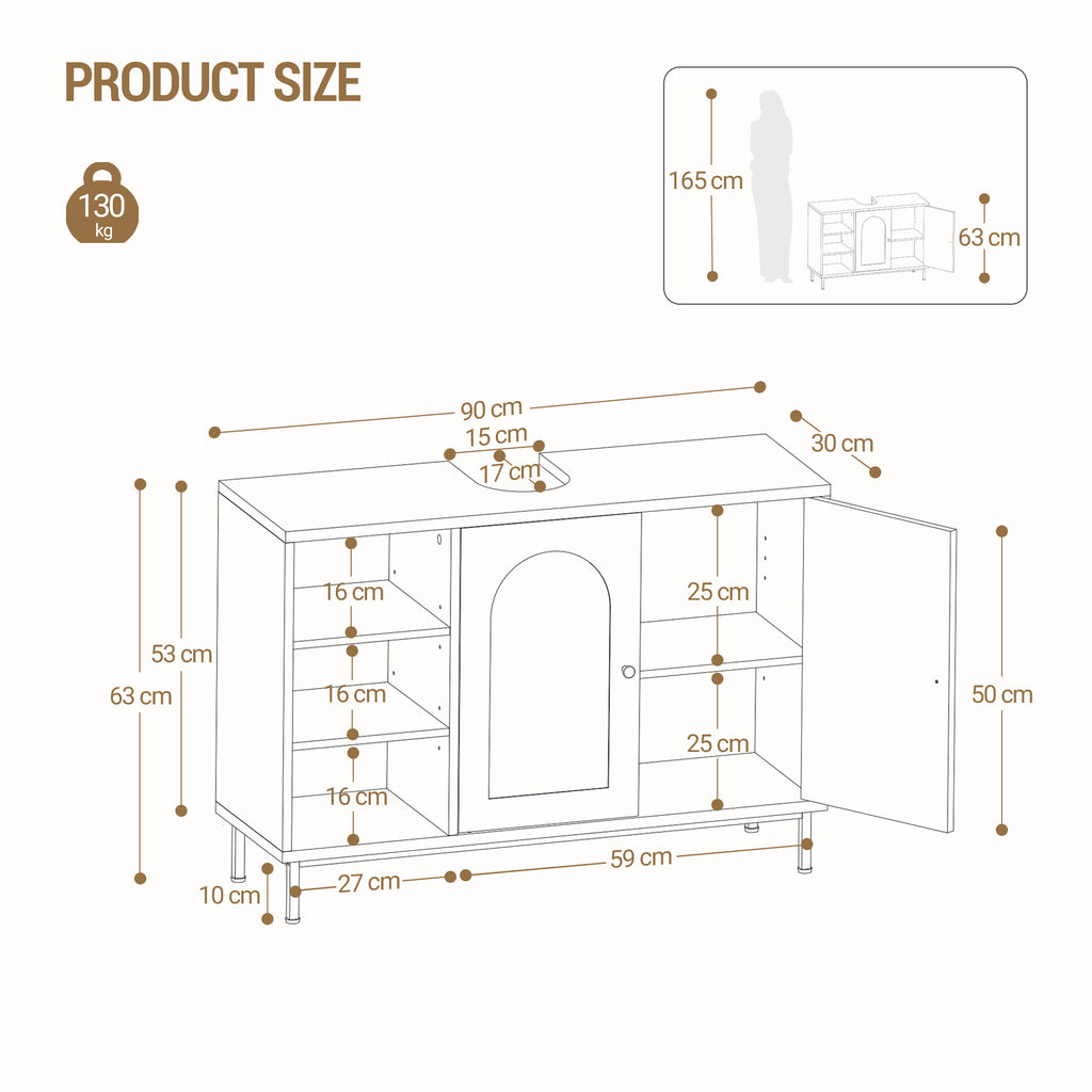Hzuaneri vanity unit, base cabinet, washbasin cabinet, bathroom cabinet with 2 doors, adjustable shelf, ample storage space, modern style, 30 x 90 x 63 cm, light oak BC09816W