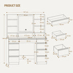 Hzuaneri Large Vanity Table with LED Lighting, 3 Colors, Brightness Control, Vanity Table with Mirror, 9 Drawers, 9 Open Shelves, Modern Style, White-Silver DT41903W
