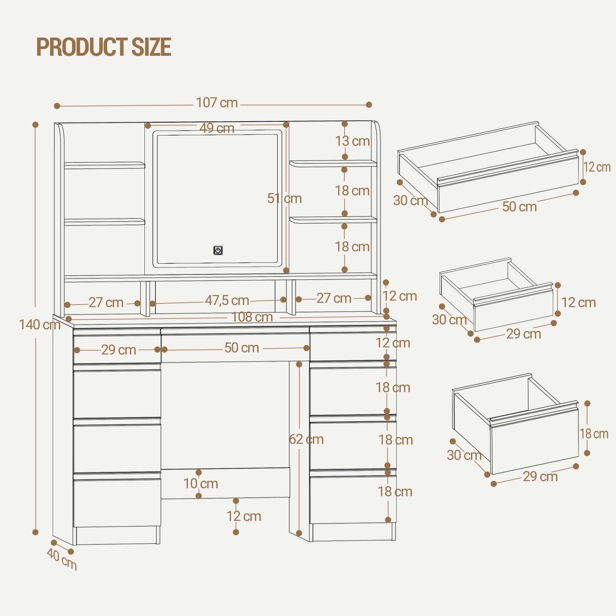 Hzuaneri Large Vanity Table with LED Lighting, 3 Colors, Brightness Control, Vanity Table with Mirror, 9 Drawers, 9 Open Shelves, Modern Style, White-Silver DT41903W
