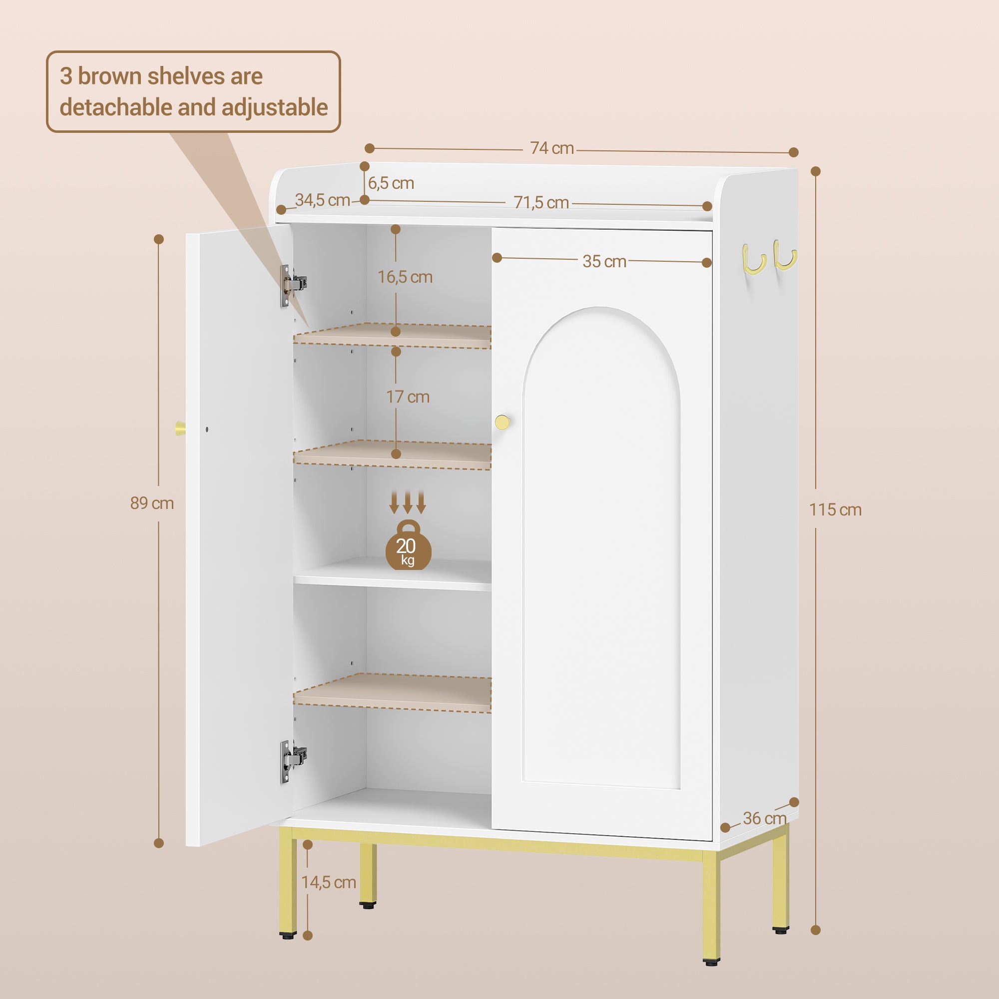 Hzuaneri Shoe Cabinet, Shoe Chest with 5 Levels, Adjustable Shelves, 16-20 Pairs, Gold Handle, Freestanding Shoe Cabinet for Entrance, Hallway, Wardrobe, 36 × 74 × 115 cm, White SR67803A