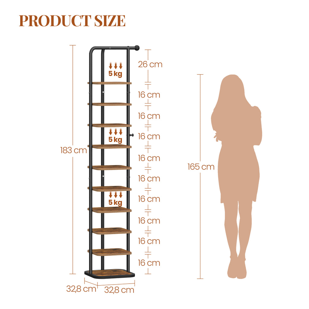 HEXCELEN Shoe Rack, 10-Tier Shoe Rack, Narrow Vertical Shoe Rack, Adjustable Shelf, for Entryway, Living Room