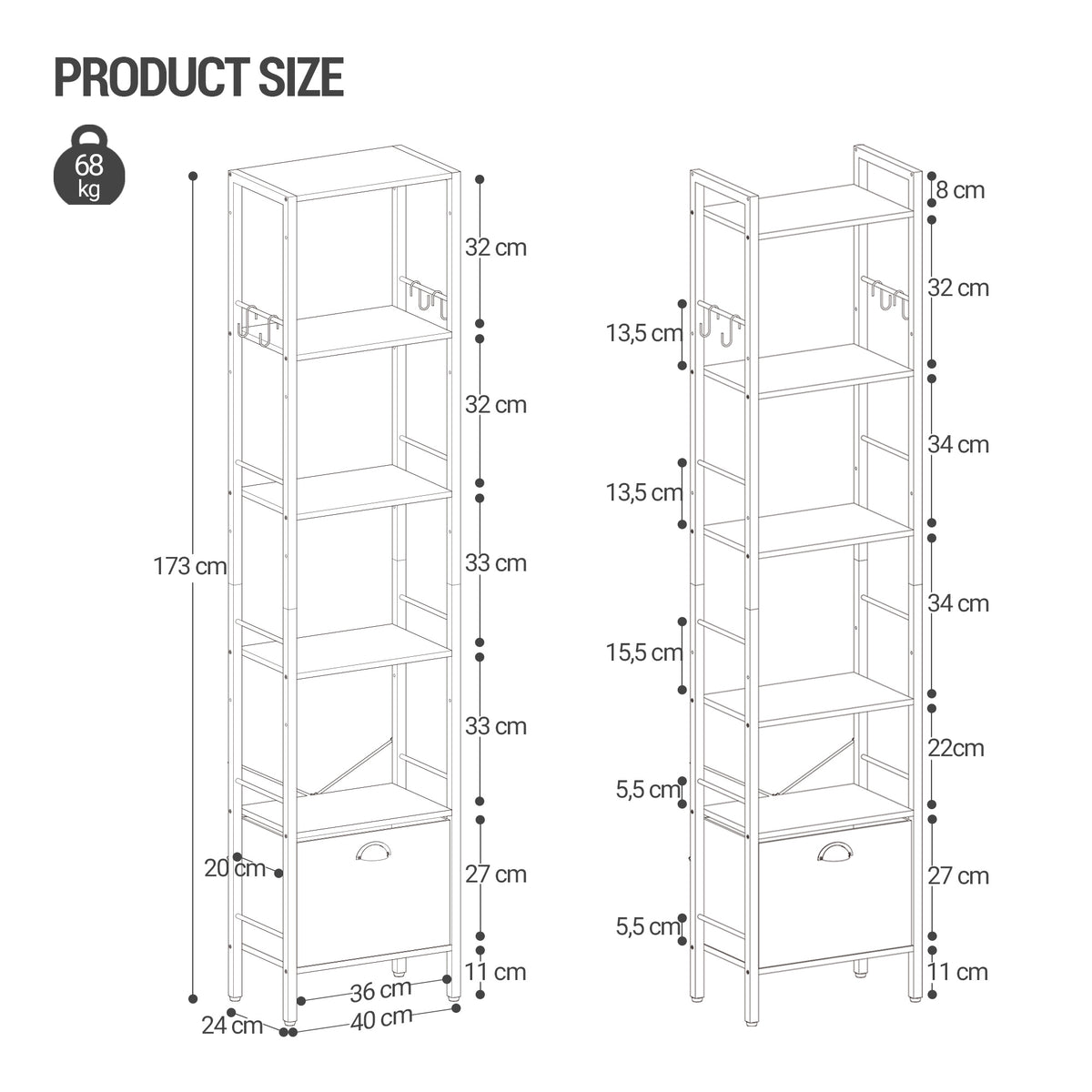 Hzuaneri bookcase, 6 vertical shelves with 1 fold-down fabric drawer and 4 hooks, open shelves, metal frame, for study, living room, white oak, 24 x 40 x 173 cm, BC40616W