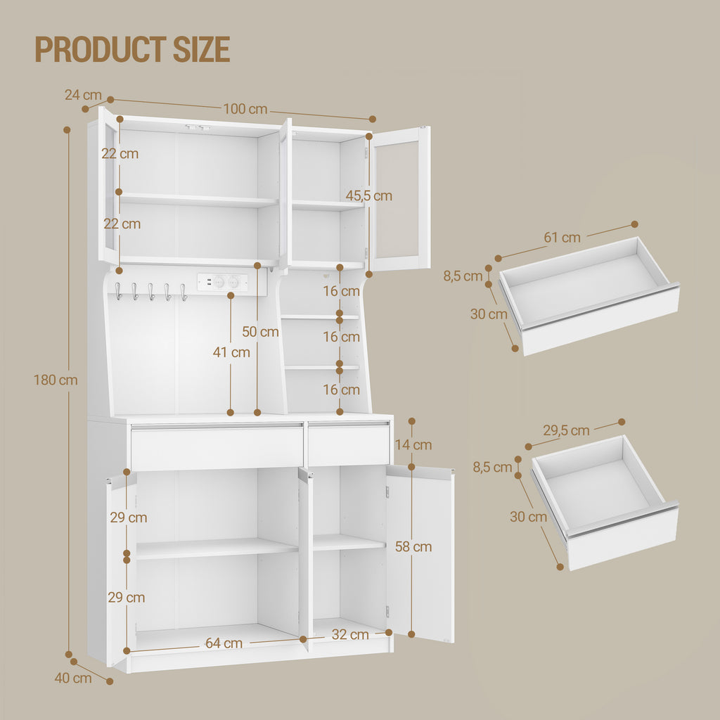 HEXCELEN Kitchen Cabinet, Sideboard, Tall Cabinet with Sockets and LED Lighting, White