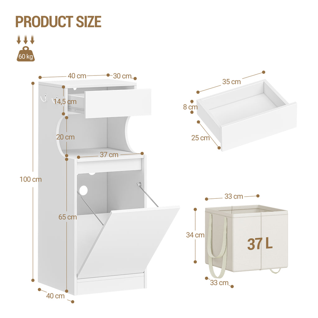 Hzuaneri Bathroom Cabinet with Laundry Basket, Slim Narrow Laundry Cabinet with Drawer and Removable Hamper, Storage Cabinet Unit for Bathroom, 40 x 40 x 100 cm, White, BC42003X