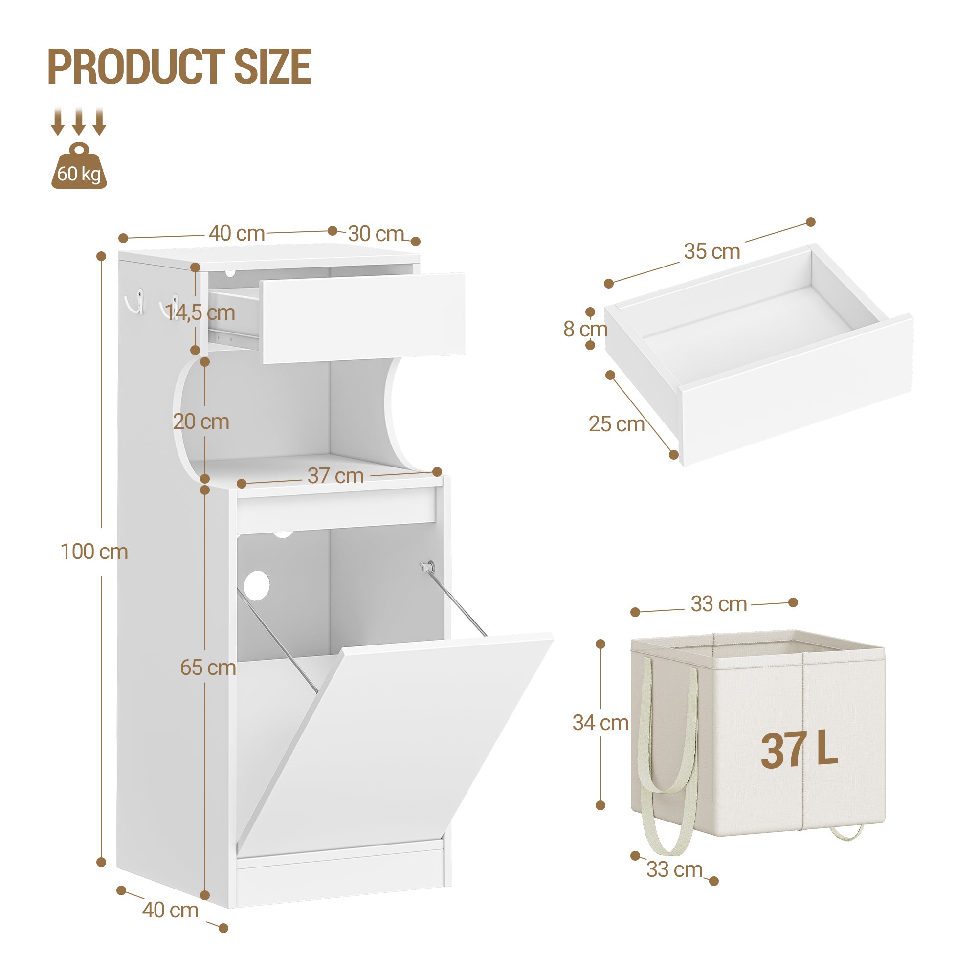 Hzuaneri Bathroom Cabinet with Laundry Basket, Slim Narrow Laundry Cabinet with Drawer and Removable Hamper, Storage Cabinet Unit for Bathroom, 40 x 40 x 100 cm, White, BC42003X
