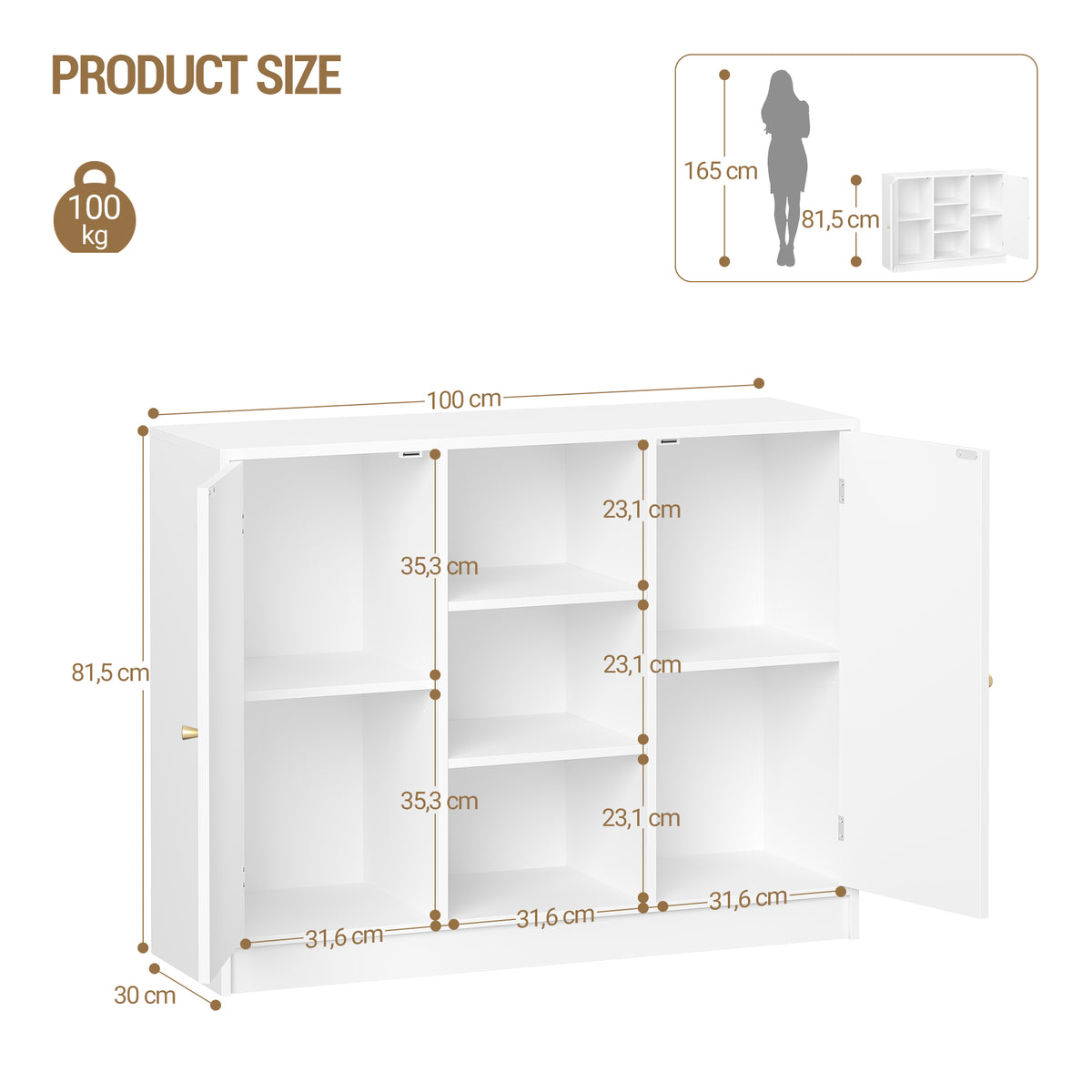 Hzuaneri Bathroom Cabinet with 2 Doors, Kitchen Cabinet, Storage Cabinet, Sideboard with 3 Open Storage Compartments, Adjustable Shelf, Bathroom, Kitchen, 30 x 100 x 81.5 cm, White SC21203X