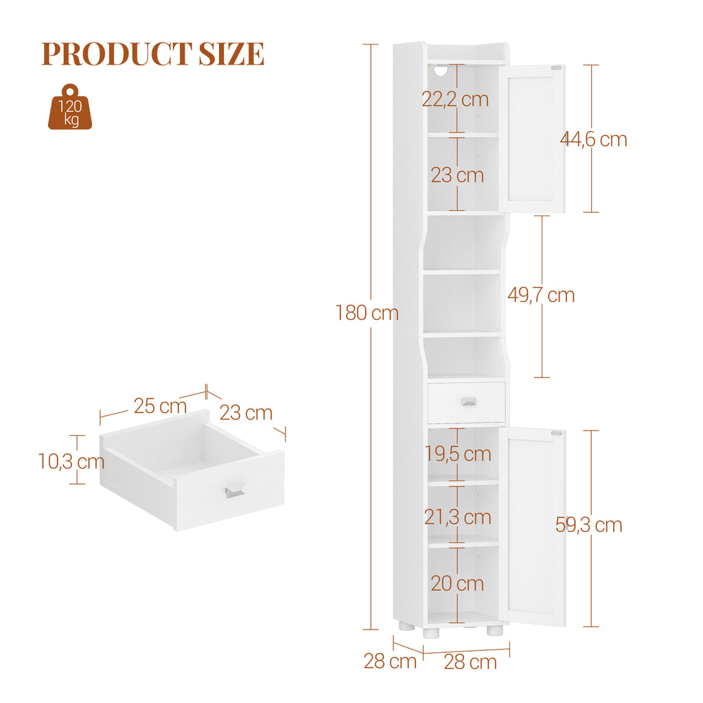 HEXCELEN Bathroom Cabinet, Narrow Tall Bathroom Cabinet, Bathroom Tall Cabinet with 2 Doors and 1 Drawer, Adjustable Shelves, Open Compartment, Space-Saving Bathroom Shelf, 28 x 28 x 180 cm, White, 480013X