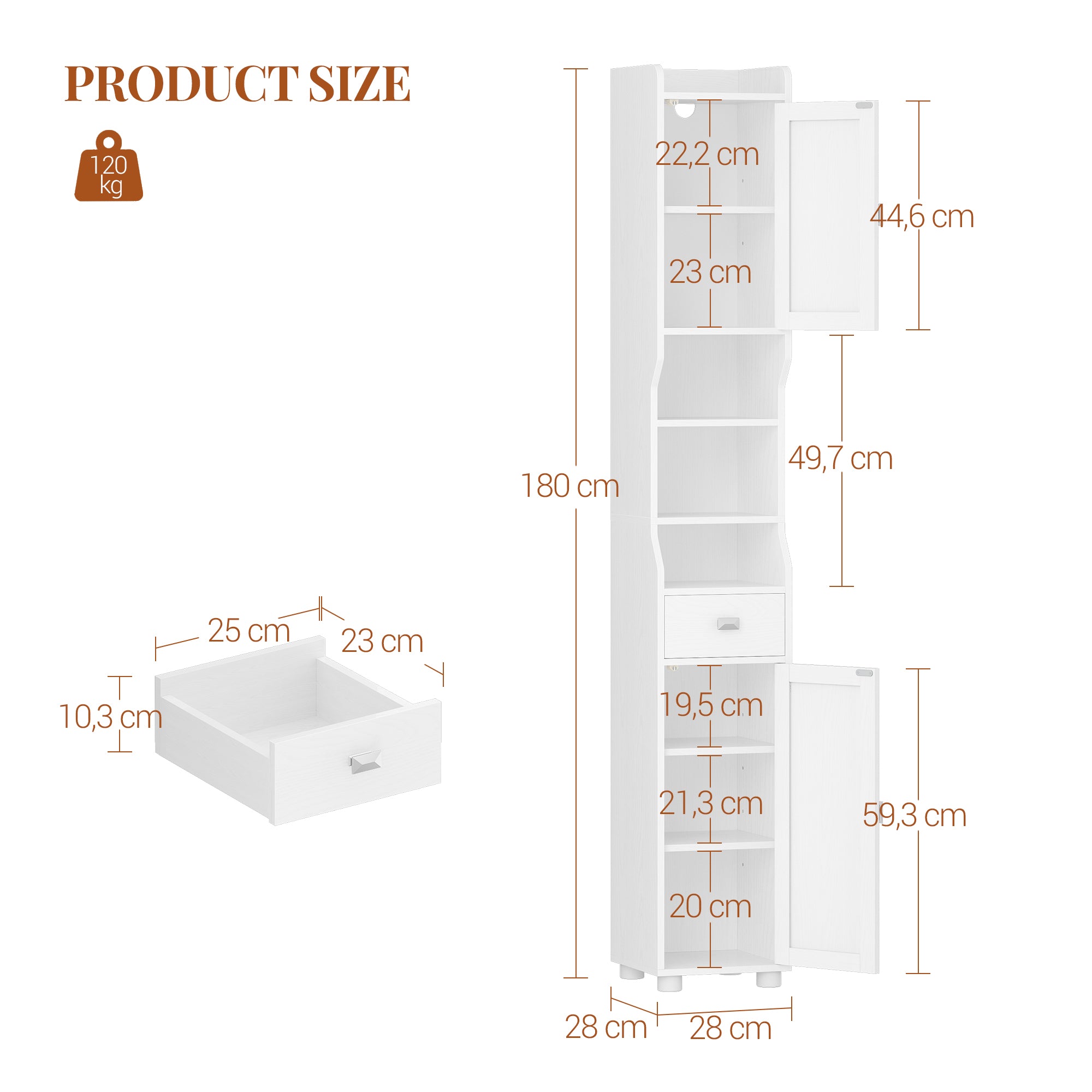 HEXCELEN Bathroom Cabinet, Narrow Tall Bathroom Cabinet, Bathroom Tall Cabinet with 2 Doors and 1 Drawer, Adjustable Shelves, Open Compartment, Space-Saving Bathroom Shelf, 28 x 28 x 180 cm, White, 480013X