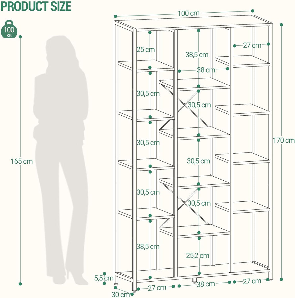 Hzuaneri Bookcase, 6-Tier Bookshelf with 15 Shelves, Large Adjustable Bookshelf, for Living Room, Office, Bedroom, Study, 30 x 100 x 170 cm, White BC15013W
