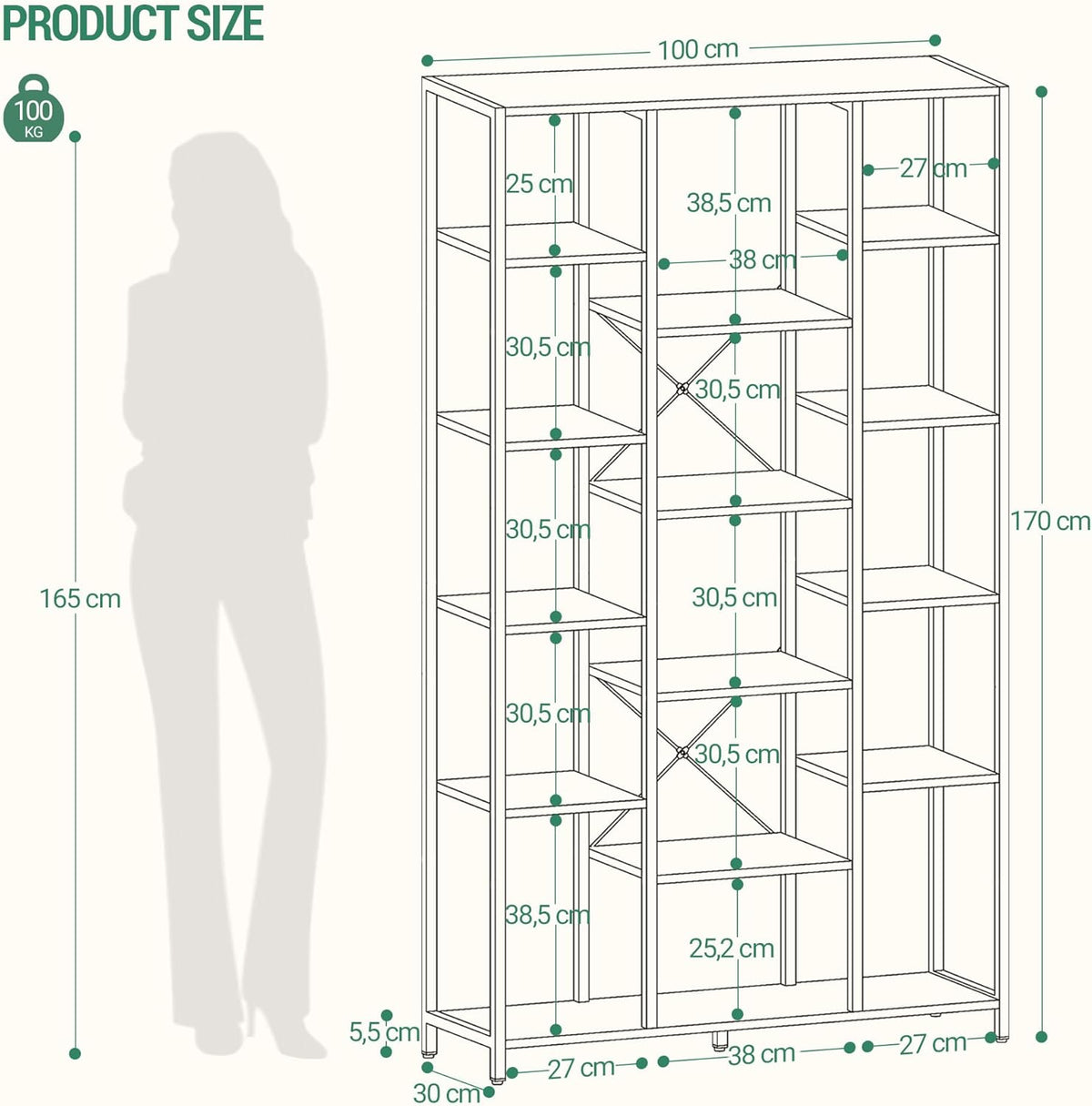 Hzuaneri Bookcase, 6-Tier Bookshelf with 15 Shelves, Large Adjustable Bookshelf, for Living Room, Office, Bedroom, Study, 30 x 100 x 170 cm, White BC15013W
