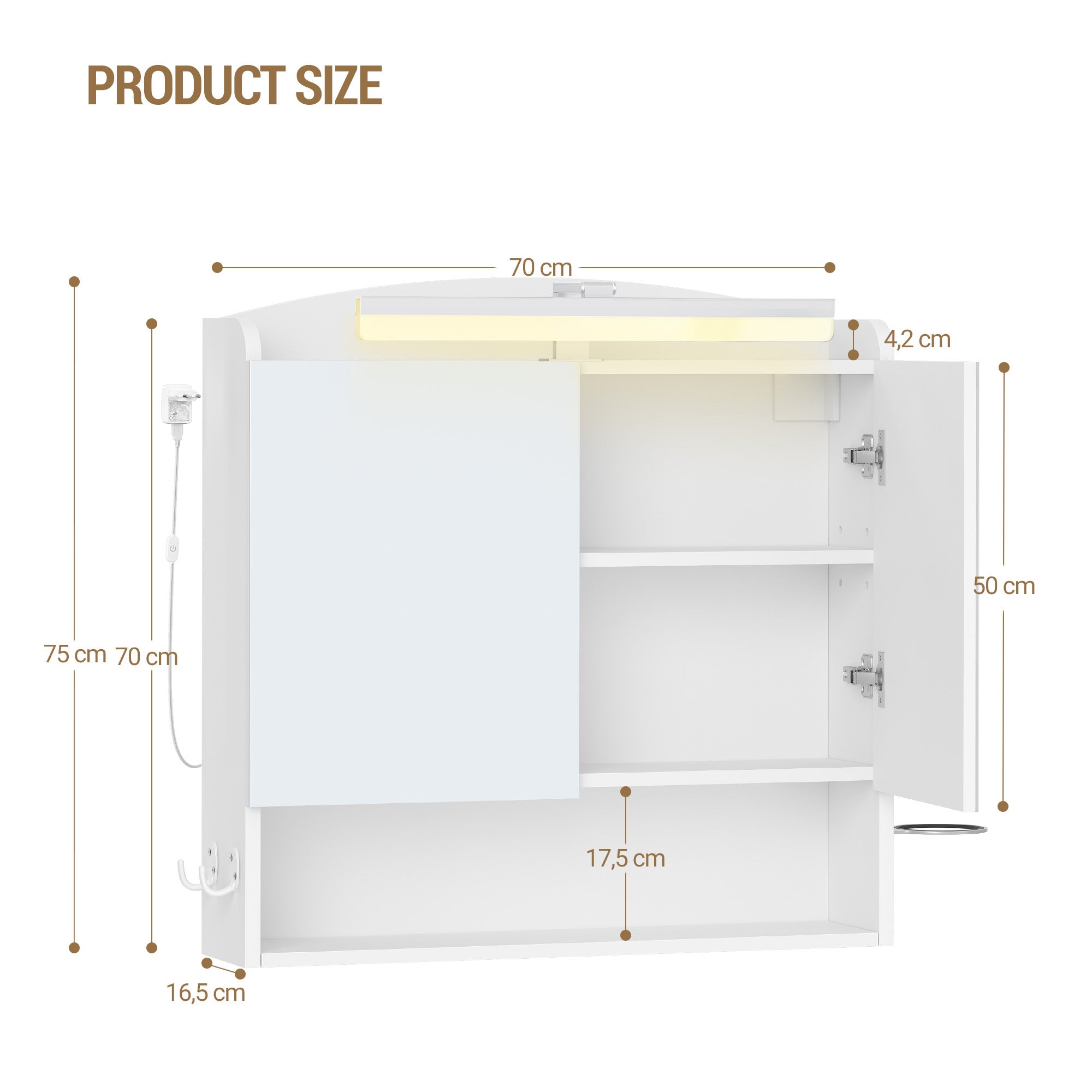 Hzuaneri Bathroom Mirror Cabinet with Lighting, Bathroom Cabinet with Mirror, Wall Cabinet, Hair Dryer Holder and Hooks, with Plug, Adjustable Shelves, White, 16.5 x 70 x 75 cm MC10103X