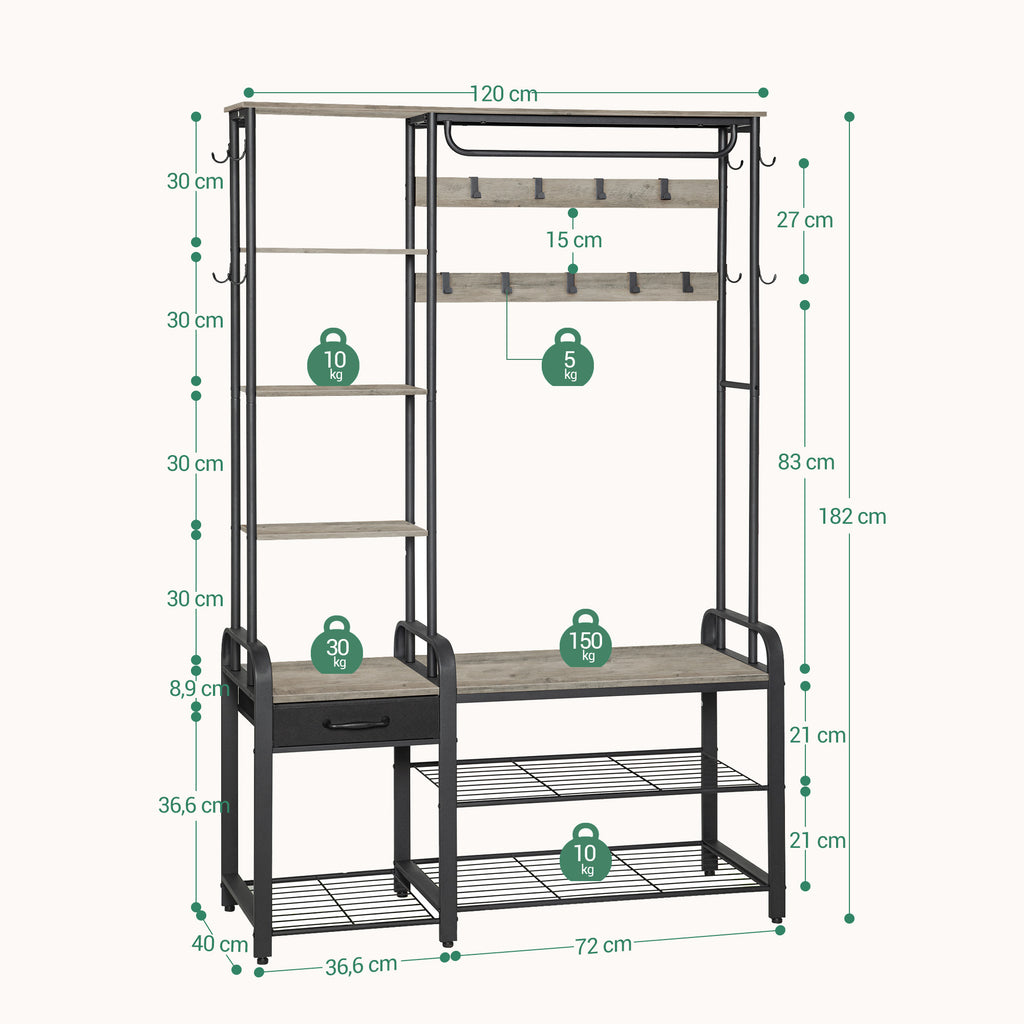Hzuaneri Coat Rack with Shoe Bench, Wardrobe, 1 Drawer, Clothes Rack with 17 Hooks, 1 Hanging Rail, 4-Tier Side Unit, 120 x 40 x 182 cm, Light Ivory and Black HT03505B