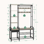 Hzuaneri Coat Rack with Shoe Bench, Wardrobe, 1 Drawer, Clothes Rack with 17 Hooks, 1 Hanging Rail, 4-Tier Side Unit, 120 x 40 x 182 cm, Light Ivory and Black HT03505B