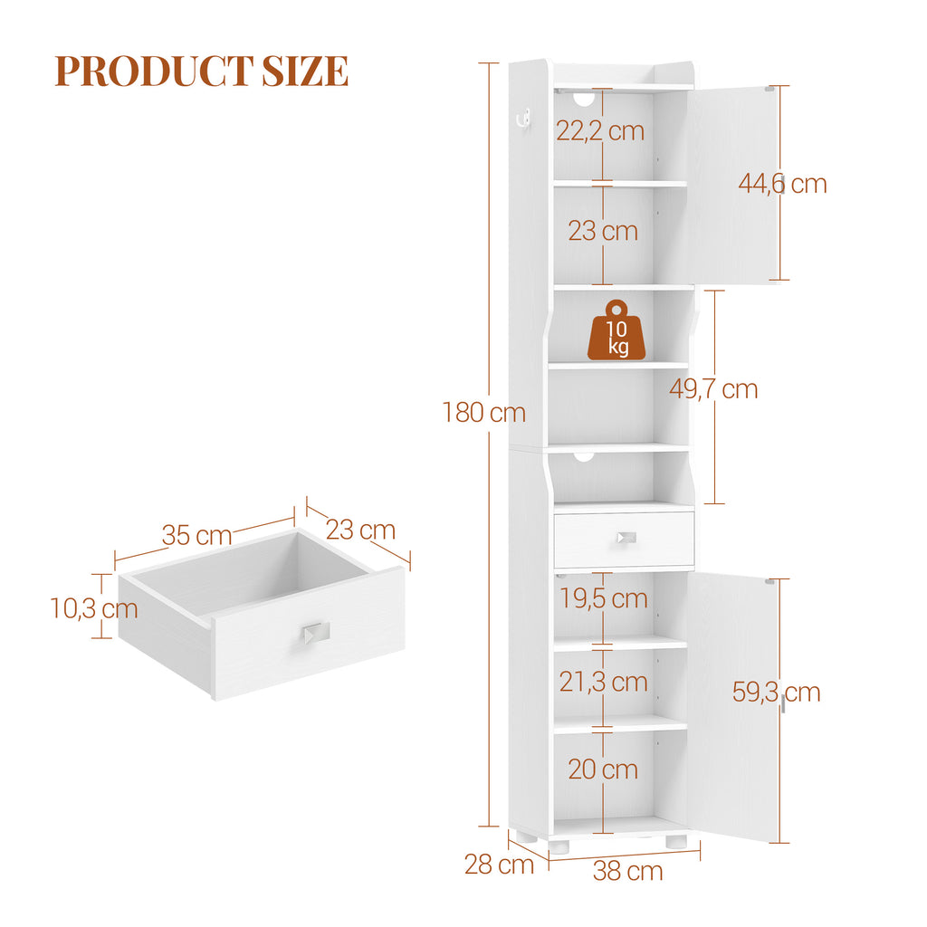 HEXCELEN Bathroom Cabinet, Bathroom Cabinet, Narrow High, Tall Bathroom Cabinet with 2 Doors and 1 Drawer, Adjustable Shelves, Open Compartment, Space-Saving Bathroom Shelf, 28 x 38 x 180 cm, White, 5240013X