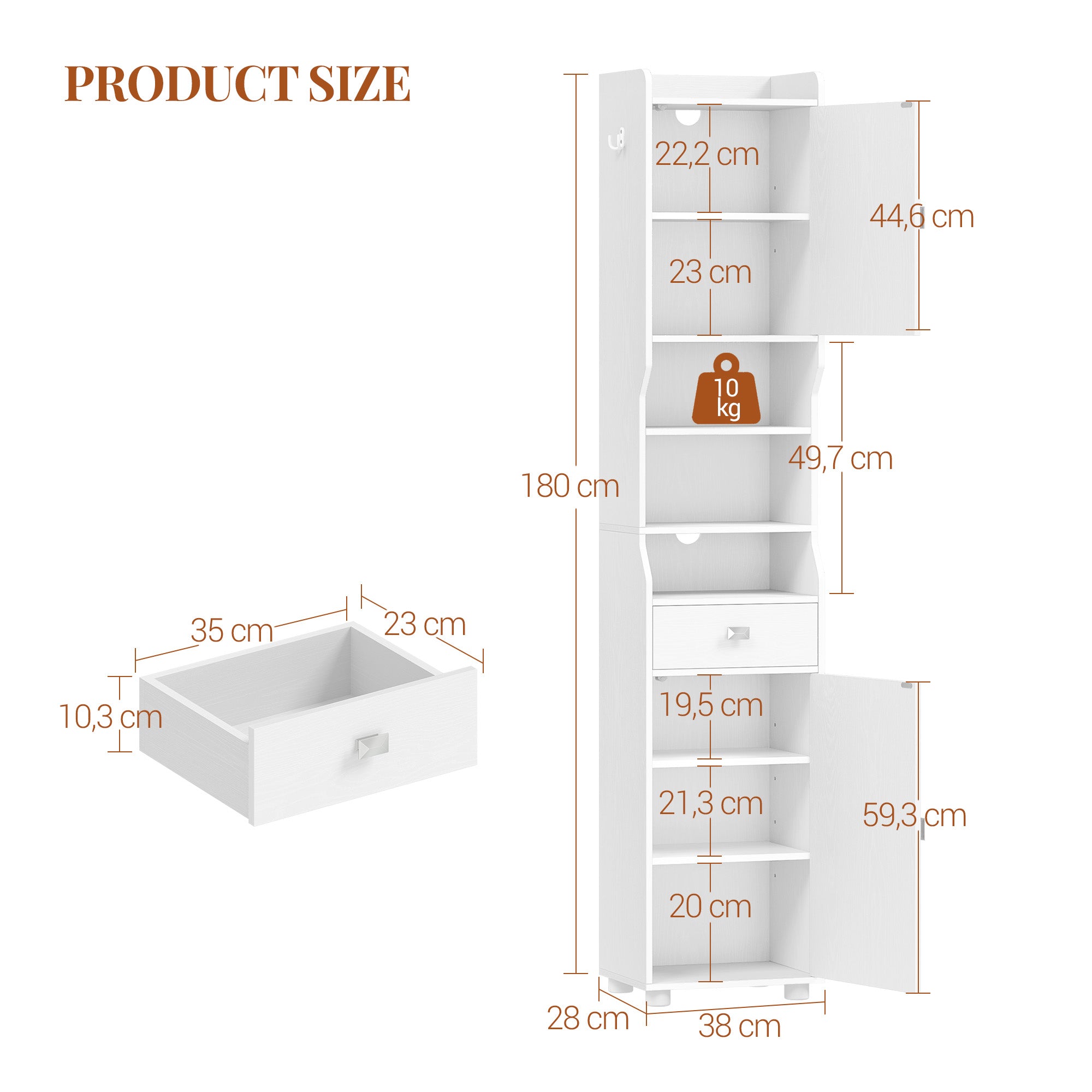 HEXCELEN Bathroom Cabinet, Bathroom Cabinet, Narrow High, Tall Bathroom Cabinet with 2 Doors and 1 Drawer, Adjustable Shelves, Open Compartment, Space-Saving Bathroom Shelf, 28 x 38 x 180 cm, White, 5240013X