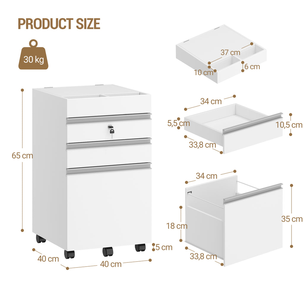 Hzuaneri rolling container, filing cabinet, lockable office cabinet with 3 drawers, extra storage space on top, drawer cabinet for DIN A4, Letter, for office, home office, 40 x 40 x 70 cm White FC41003X