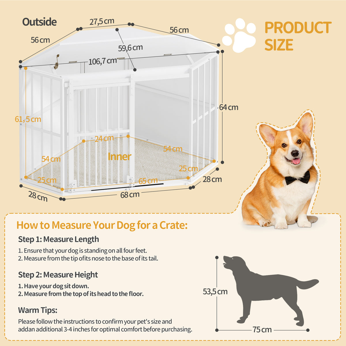 Hzuaneri Corner Dog Cage, Dog Box for Home Use, Dog Cage Furniture with Cushion and Sliding Doors, Modern Wooden Indoor Dog Box with Hinged Lid for Medium and Small Dogs, 107 x 59.6 x 64 cm, White DFC85903W