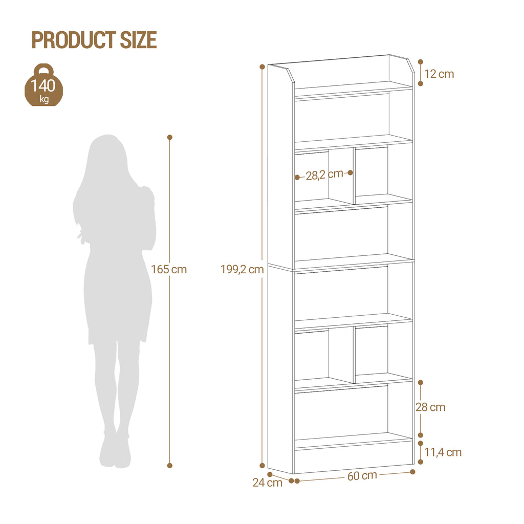 Hzuaneri Bookshelf, Bookcase, with 7 Shelves, Storage Shelf, Freestanding Shelf, for Living Room, Office, Bedroom, 24 x 60 x 199.2 cm, White BC11703X