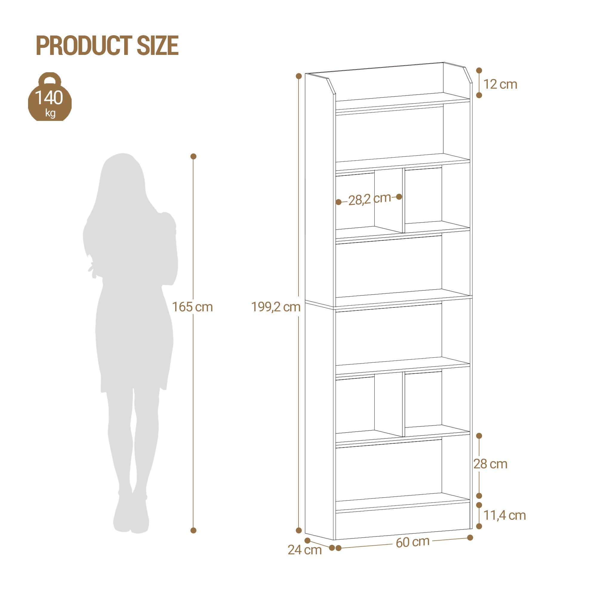 Hzuaneri Bookshelf, Bookcase, with 7 Shelves, Storage Shelf, Freestanding Shelf, for Living Room, Office, Bedroom, 24 x 60 x 199.2 cm, White BC11703X