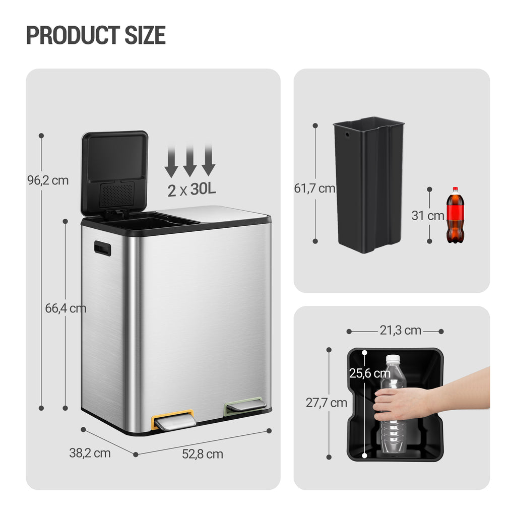 Hzuaneri Kitchen Rubbish Bin, Waste Separation System, 2 Compartments, 60 L (2 x 30 L), Stainless Steel Kitchen Rubbish Bin, Pedal Bin with Colour-Coded Pedals, Rubbish Bin, Quiet Slow Descent, Silver SW23099E