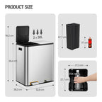 Hzuaneri Kitchen Rubbish Bin, Waste Separation System, 2 Compartments, 60 L (2 x 30 L), Stainless Steel Kitchen Rubbish Bin, Pedal Bin with Colour-Coded Pedals, Rubbish Bin, Quiet Slow Descent, Silver SW23099E
