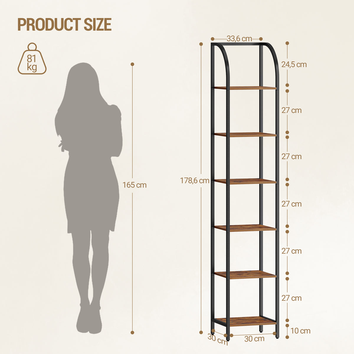 Hzuaneri Bookcase, 6-Tier Bookshelf, Narrow Bookcase Shelving Unit for Living Room, Office, Sturdy, Bedroom, 30 x 33.6 x 178 cm, Industrial, Rustic Brown and Black, BC56001B