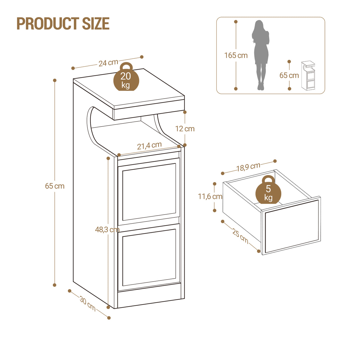 Hzuaneri Nightstand Set of 2 with LED Lighting, Side Table with 2 Drawers, Nightstands with Open Compartment, Adjustable Light, for Bedroom, Living Room, 30 x 24 x 65 cm White NS39213X