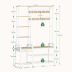 Hzuaneri HT03516W Coat Stand with Shoe Bench, 1 Drawer, Clothes Rack with 17 Hooks, 1 Hanging Rail, 4-Tier Side Frame, 120 x 40 x 182 cm, Gold Oak and White HT03516W