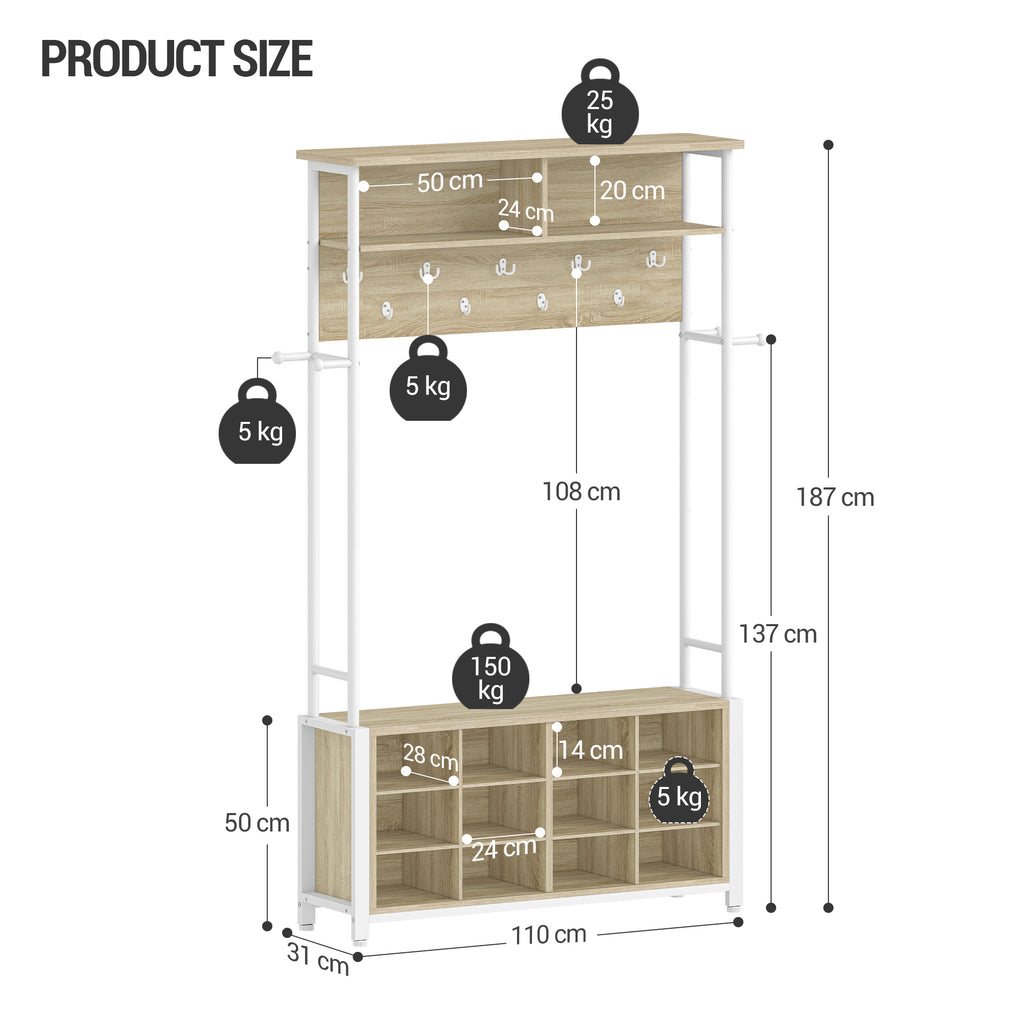Hzuaneri Coat Rack with Shoe Bench, Wardrobe with 13 Hooks, 14 Open Compartments, Adjustable Shelves, Clothes Rack for Hallway, Entrance Area, 31 x 110 x 187 cm, Oak-White HT17916W