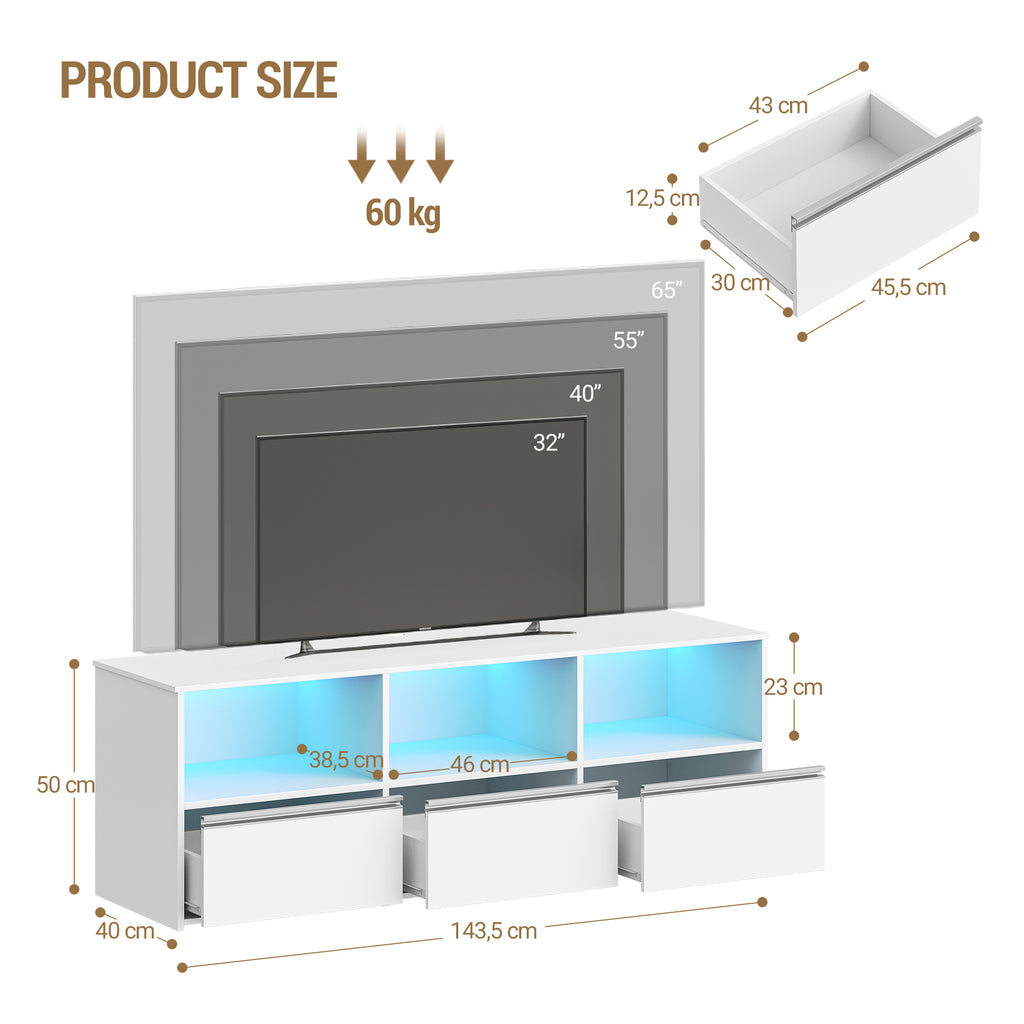 Hzuaneri TV Cabinet with RGB LED Lighting (25 Colours), TV Cabinet for TVs up to 65 Inches 143.5 Long, TV Board with 3 Drawers, 3 Open Compartments for Living Room, Bedroom, White TV16503W