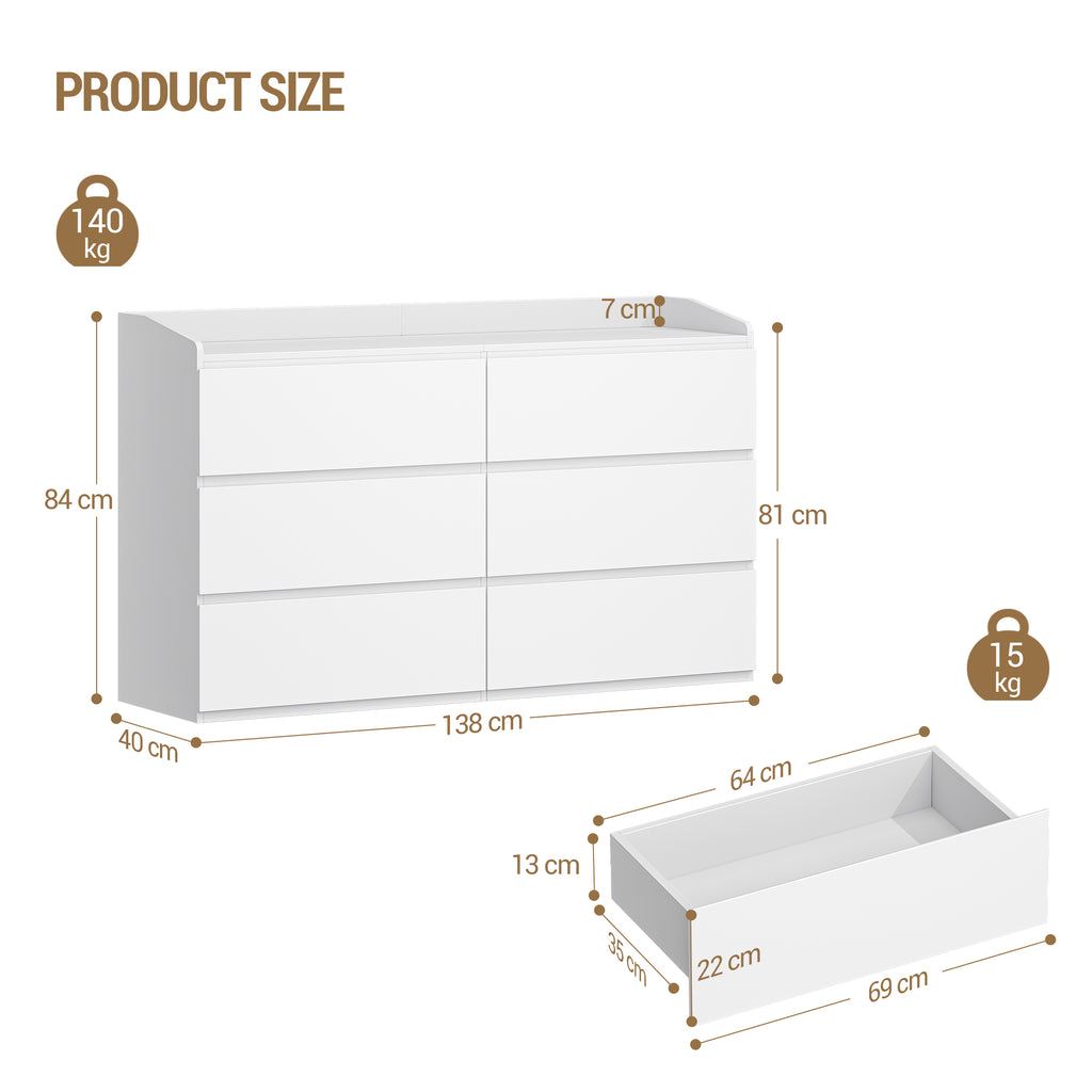 Hzuaneri Chest of Drawers 138 cm, Chest of Drawers with 6 Drawers, Side Cabinet with Work Surface, Locker with Top Rail, Suitable for Living Room and Bedroom, 40 x 138 x 84 cm, White DC32603X