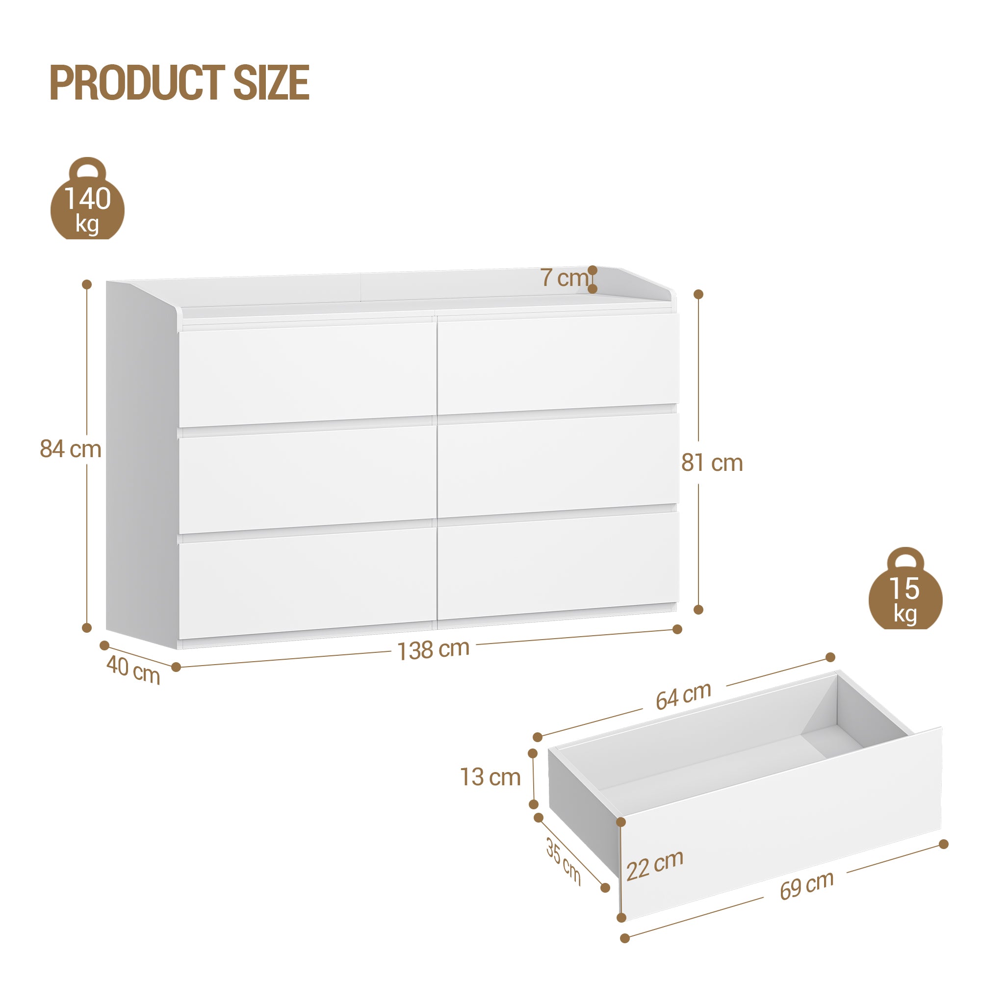 Hzuaneri Chest of Drawers 138 cm, Chest of Drawers with 6 Drawers, Side Cabinet with Work Surface, Locker with Top Rail, Suitable for Living Room and Bedroom, 40 x 138 x 84 cm, White DC32603X