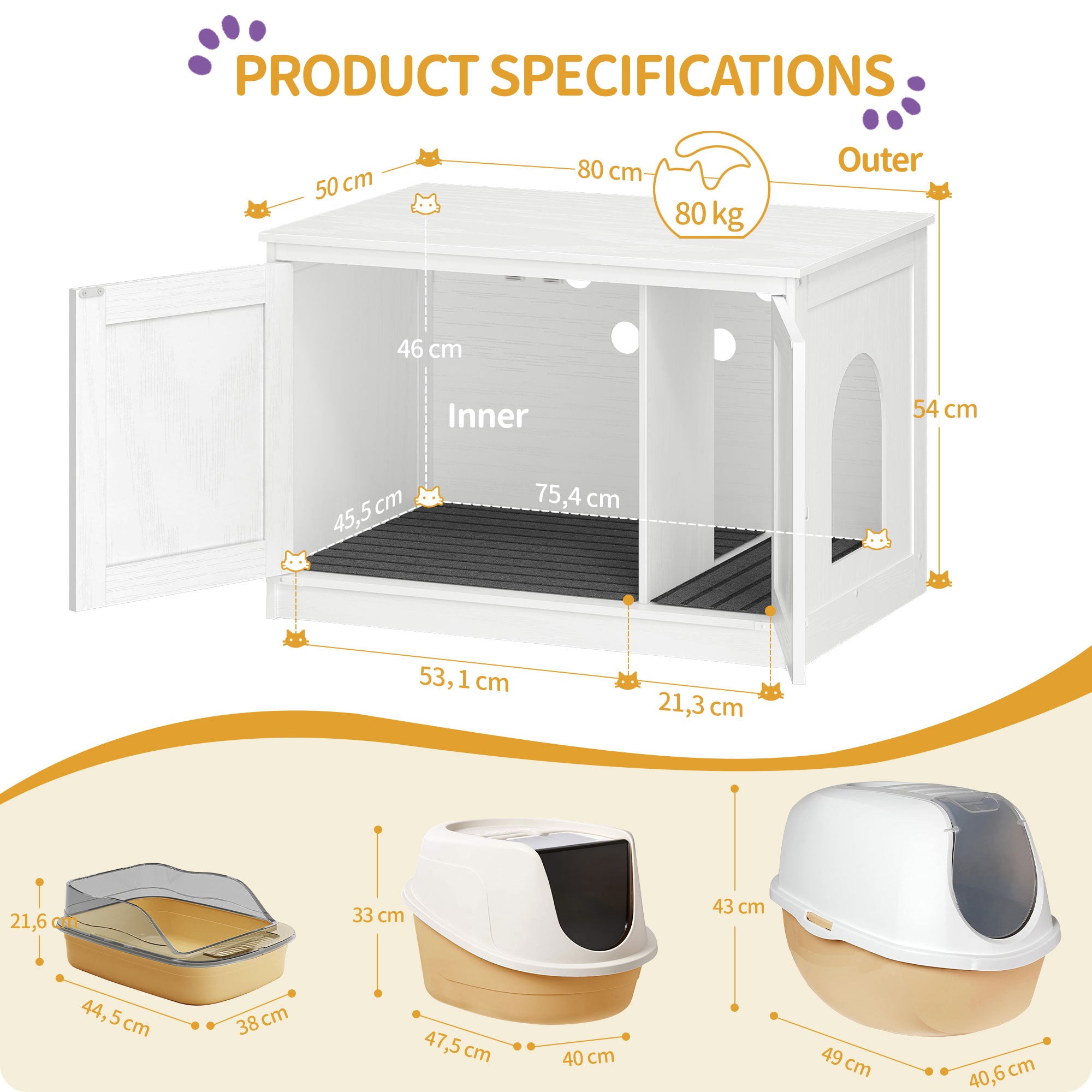 Hzuaneri Cat Litter Box Enclosure, Hidden Litter Box Furniture with Detachable Dividers, Reversible Entrance Left or Right Side, Wooden Cat House, 80 x 50 x 54 cm, White CB86613W