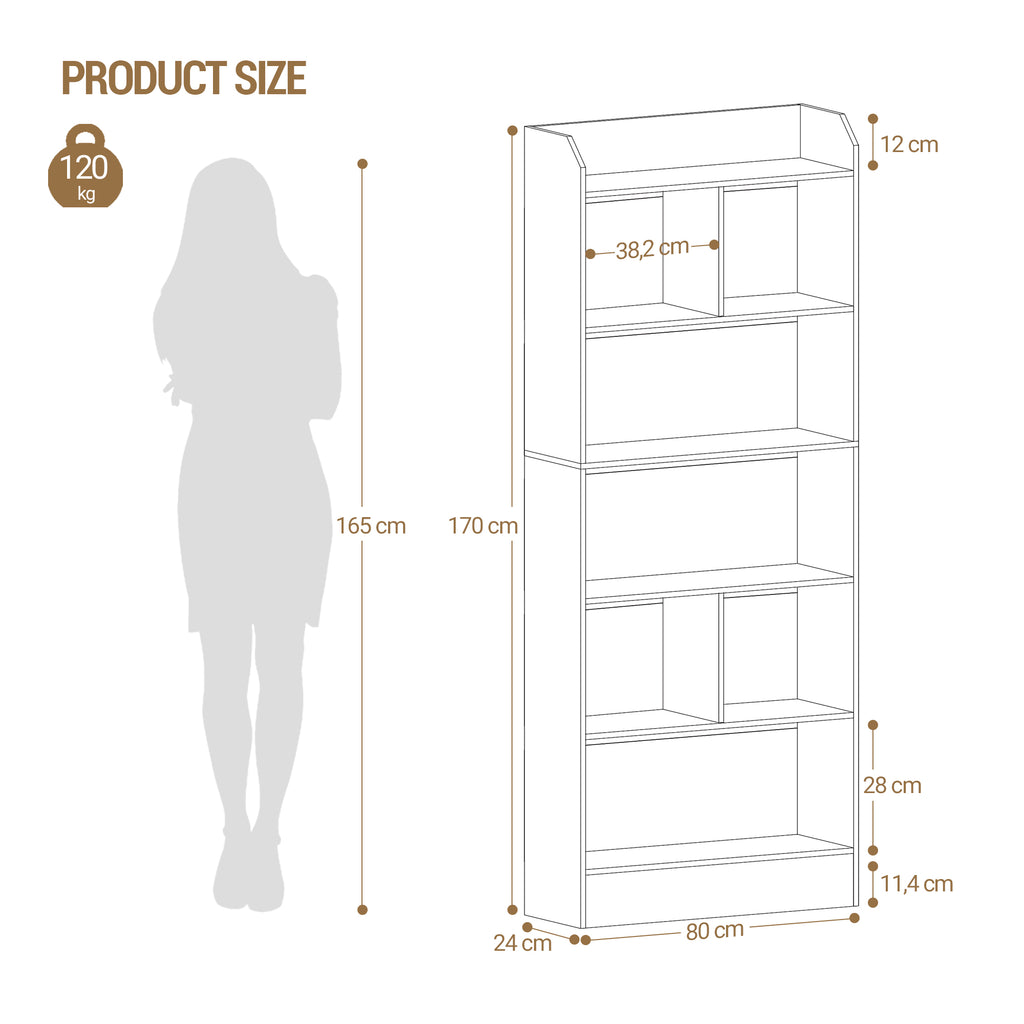 Hzuaneri Bookshelf, Bookcase, with 6 Shelves, Storage Shelf, Freestanding Shelf, for Living Room, Office, Bedroom, 24 x 80 x 170 cm, White BC11803X