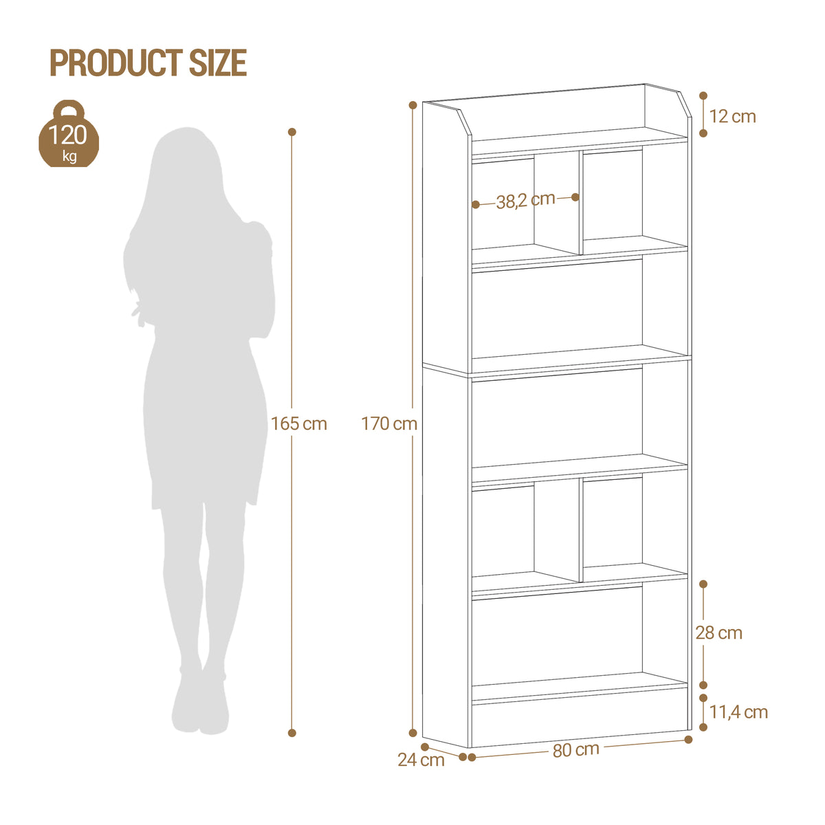 Hzuaneri Bookshelf, Bookcase, with 6 Shelves, Storage Shelf, Freestanding Shelf, for Living Room, Office, Bedroom, 24 x 80 x 170 cm, White BC11803X