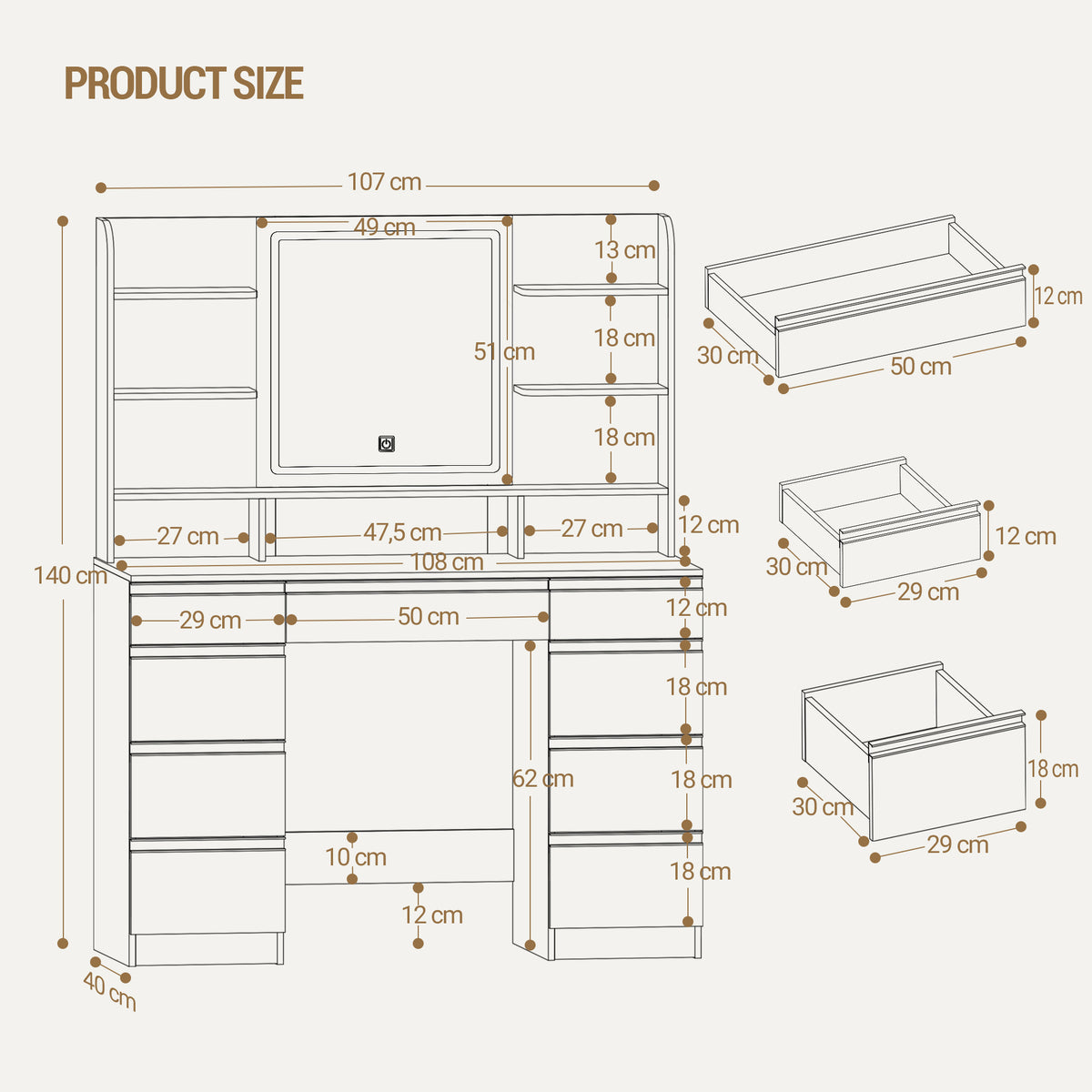 Hzuaneri Large Vanity Table with LED Lighting, 3 Colors, Brightness Control, Vanity Table with Mirror, 9 Drawers, 9 Open Shelves, Modern Style, White-Gold DT41903X