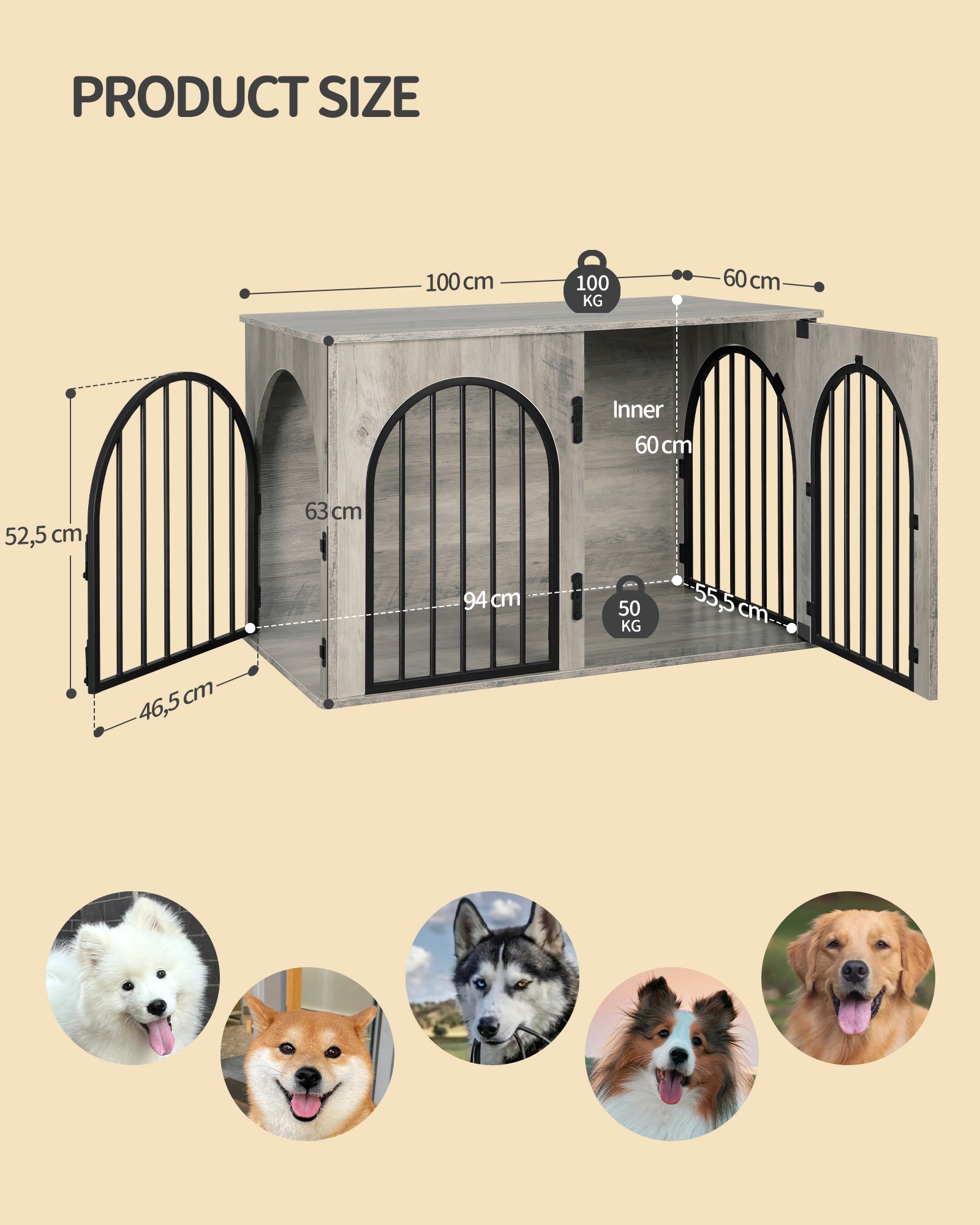 Hzuaneri Dog Cage Furniture, 100cm Dog Box for Home, 3 Doors, Arched Door, Modern Indoor Dog Crate for Dogs, Side Table, Heavy Duty Dog Cage, 100 x 60 x 63 cm, Light Ivory DFC84105B