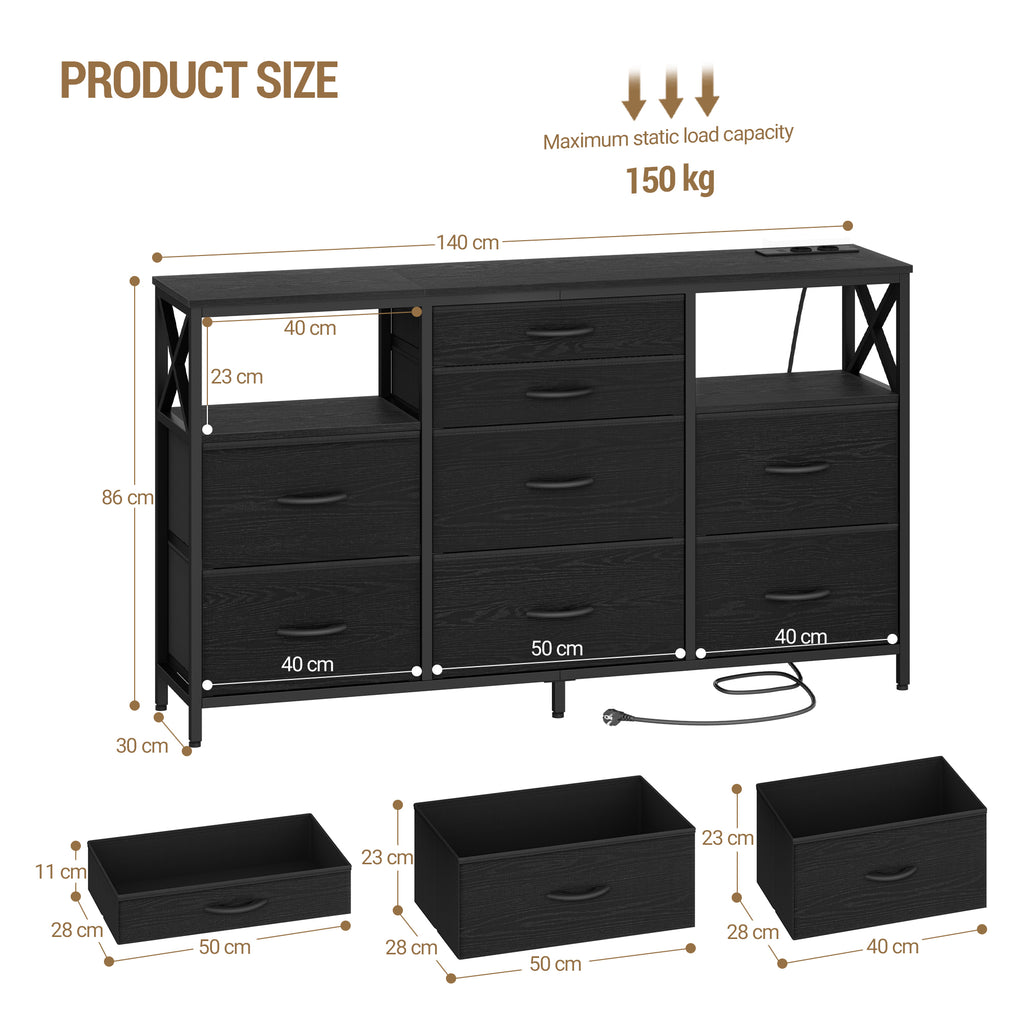 Hzuaneri Chest of Drawers 140 cm, 2 USB & 2 AC Ports, Chest of Drawers with 8 Fabric Drawers, Versatile Storage Furniture for Living Room and Bedroom, 30 x 140 x 86 cm, Black DU03804B