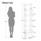 Hzuaneri Bookshelf, 7 vertical shelves with 1 fold-down fabric drawer and 4 hooks, open shelves, metal frame, for study, living room, vintage brown-black, 24 x 40 x 198.8 cm, BC40701B