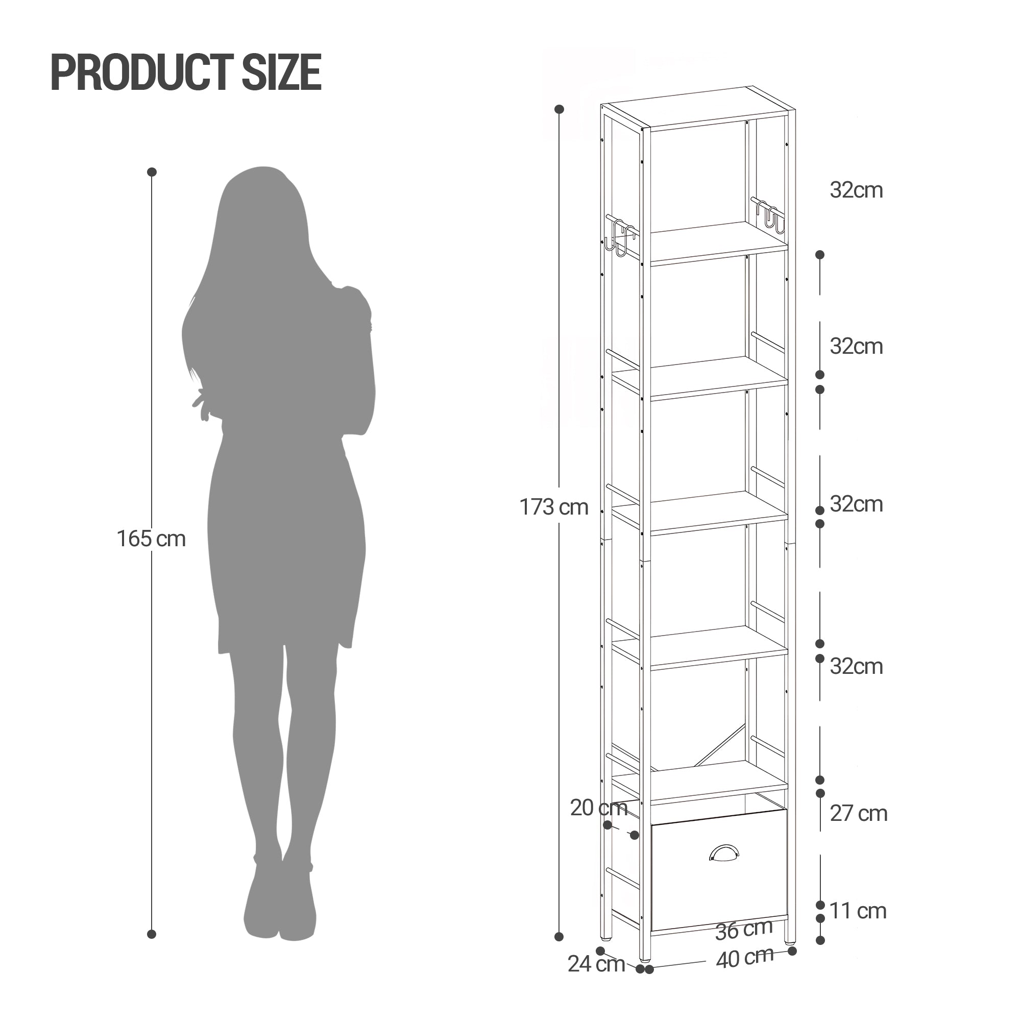 Hzuaneri Bookshelf, 7 vertical shelves with 1 fold-down fabric drawer and 4 hooks, open shelves, metal frame, for study, living room, vintage brown-black, 24 x 40 x 198.8 cm, BC40701B
