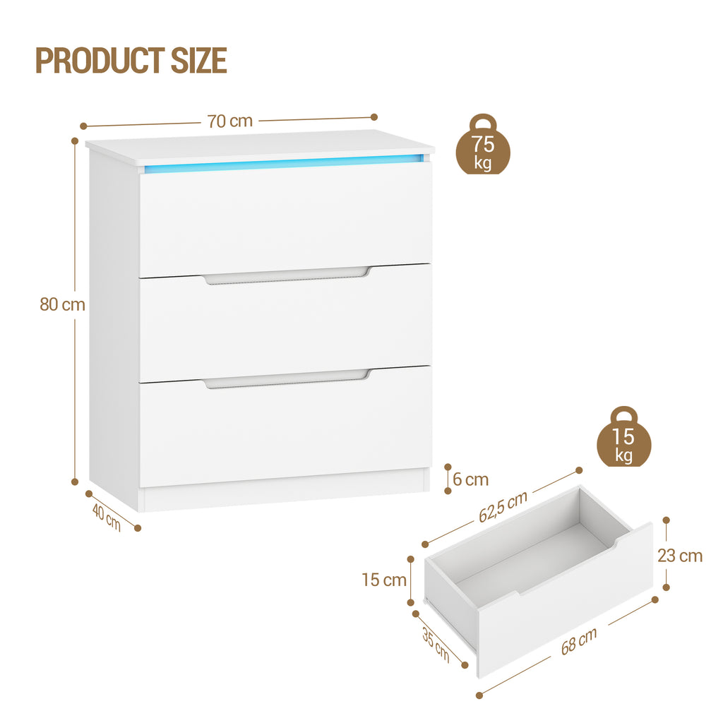 Hzuaneri DC01303XEU Chest of Drawers with LED Lighting 3 Drawers Locker with Lighting Modern Style Suitable for Living Room and Bedroom 40 x 70 x 80 cm White
