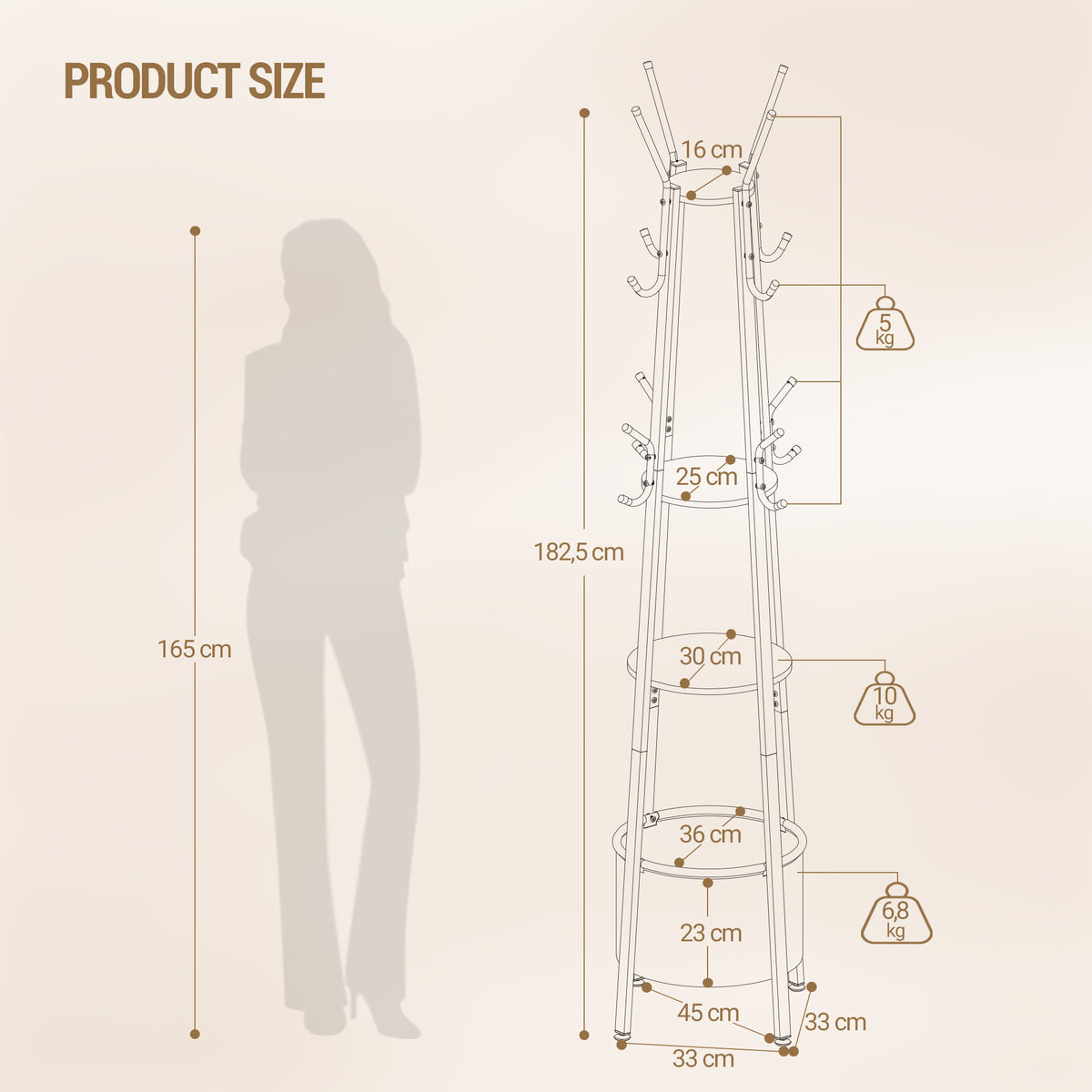 Hzuaneri Coat Stand, Coat Rack with 16 Hooks and 1 Basket, Metal Coats Hall Tree for Scarves, Bags, Hats, FreeStanding, Hallway, Living Room, Bedroom, Office, White Oak CR27316W