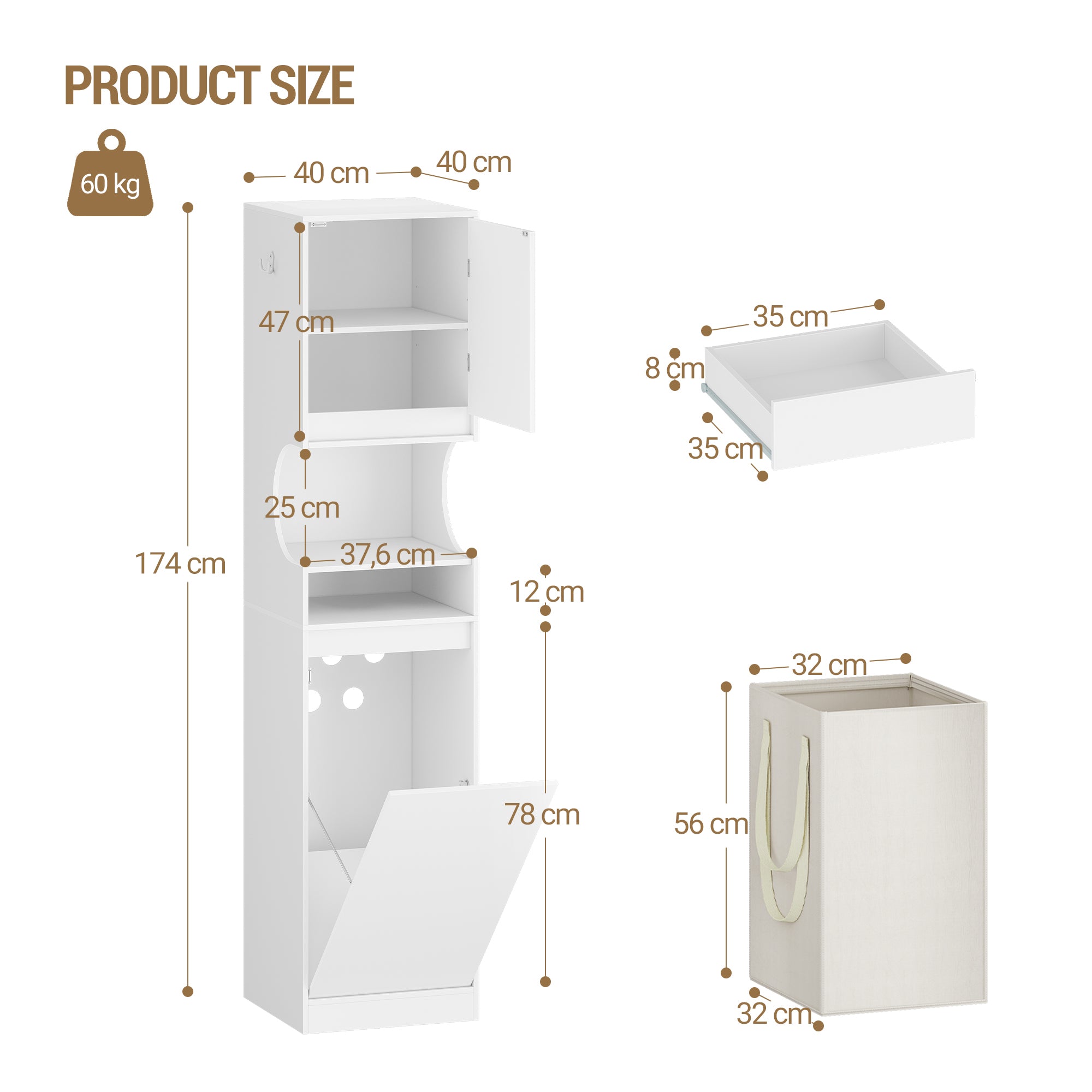 Hzuaneri Bathroom Cabinet with Laundry Basket, Laundry Cabinet with Drawer and Open Storage Space, Bathroom Cabinet with Laundry Hamper for Bathroom, Laundry Room, 40 x 40 x 174 cm, White BC43013X