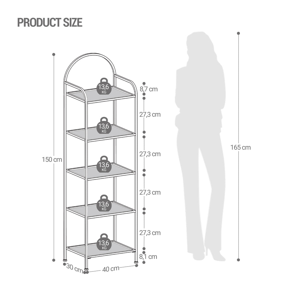 Hzuaneri 5 Tier Bookcase Bookshelf, Tempered Glass Bookshelves, Slim Shelving Unit for Bedroom, Bathroom, Home Office, Steel Frame, Gold BC05001G