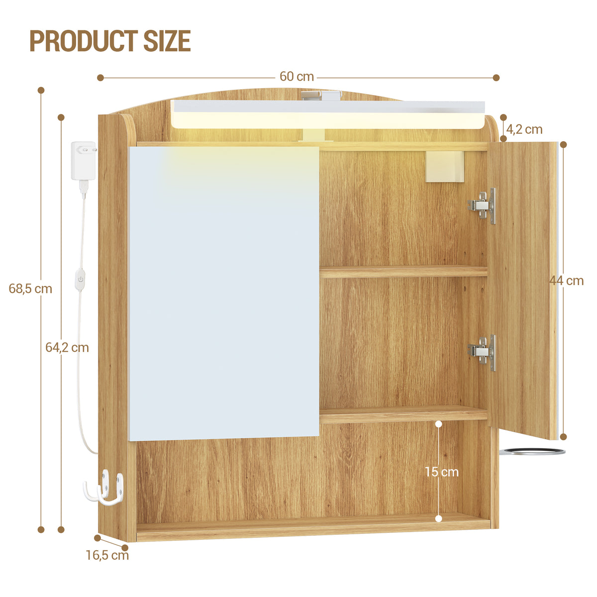 Hzuaneri Bathroom Cabinet with Mirror, Bathroom Wall Cabinet with LED Lighting, Mirror Cabinets with Doors and Open Compartment, Adjustable Shelf, Hair Dryer Shelf and Hooks Oak Beige, MC10026X