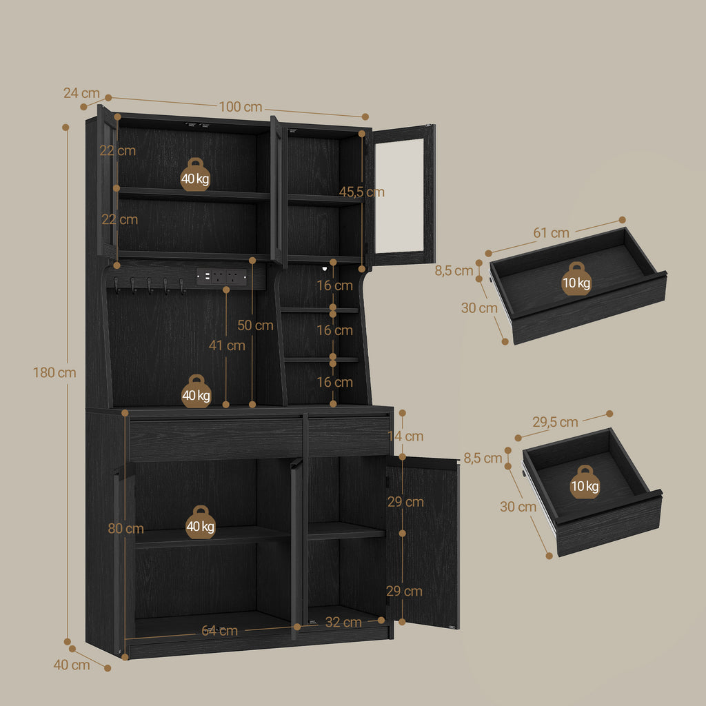 Hzuaneri kitchen cabinet, sideboard, tall cabinet with sockets and LED light strips, with worktops and two drawers, adjustable shelves, kitchen, 40 x 100 x 180 cm, black PT00104X