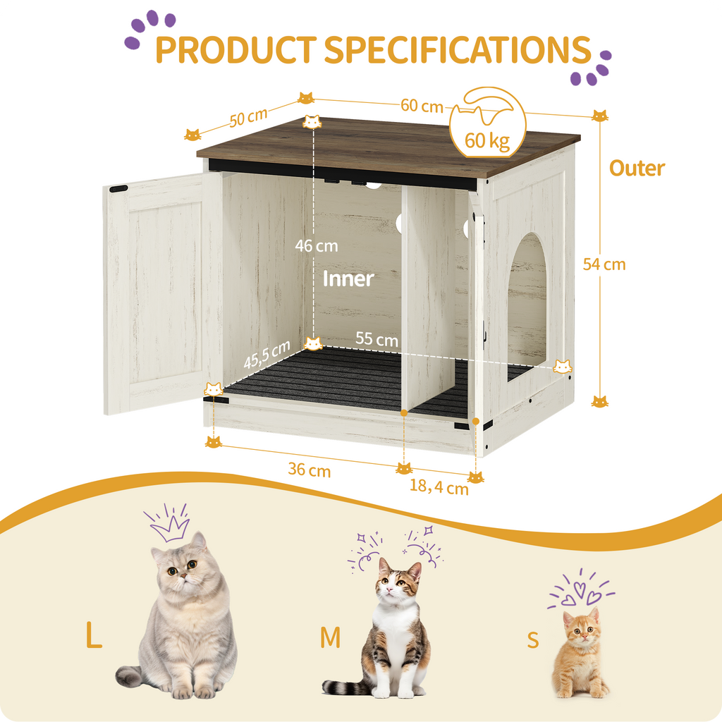 Hzuaneri Cat Litter Box Enclosure, Hidden Litter Box Furniture with Detachable Dividers, Reversible Entrance Left or Right Side, Wooden Cat House, 60 x 50 x 54 cm, Rustic Brown and White CB84514X
