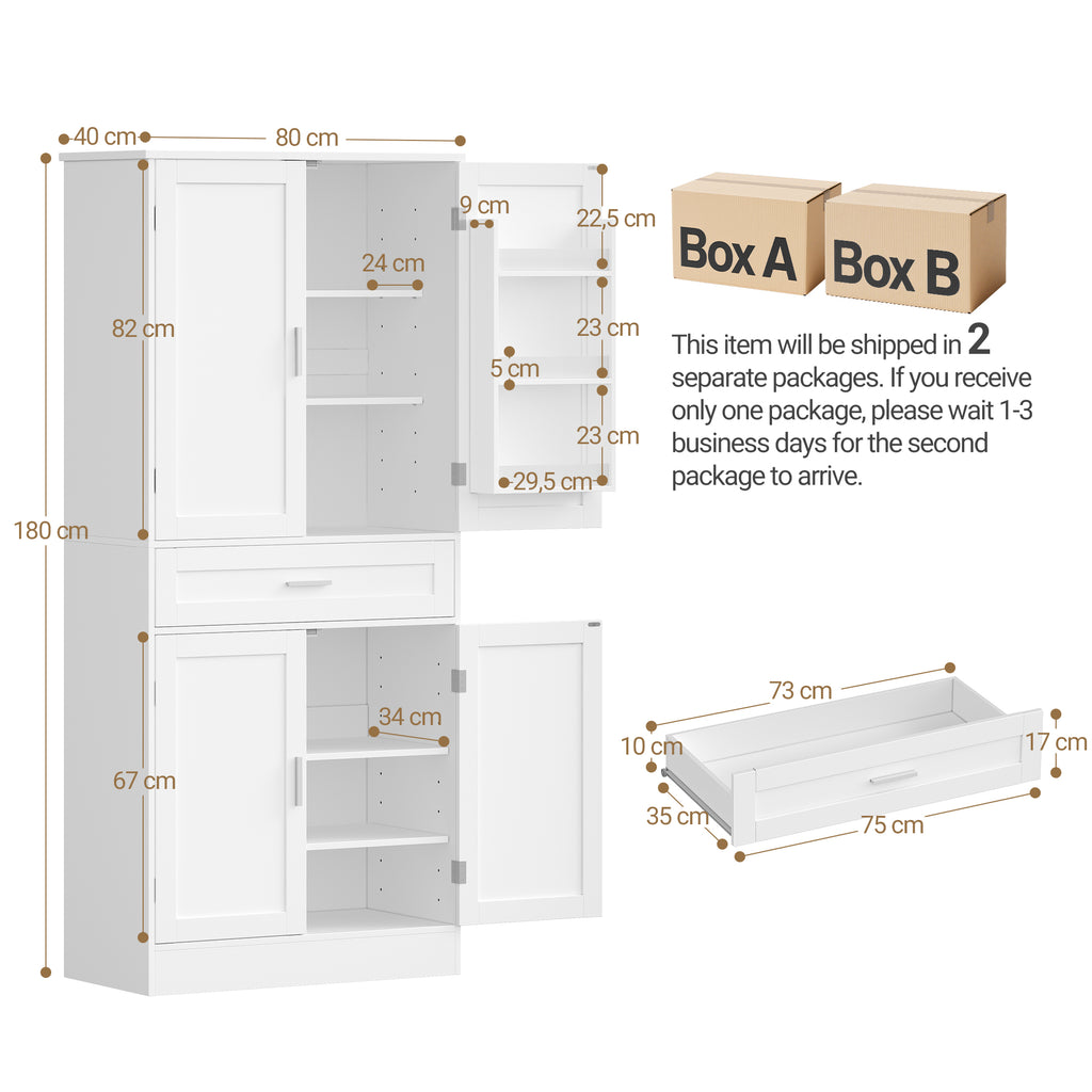 Hzuaneri Buffet Cabinet, Kitchen Cabinet with 6-Tier Door Back Shelf System, Sideboard with 4 Doors and 1 Large Drawer, Modern Style, Kitchen, Living Room, 40 x 80 x 180 cm, White PT21003X
