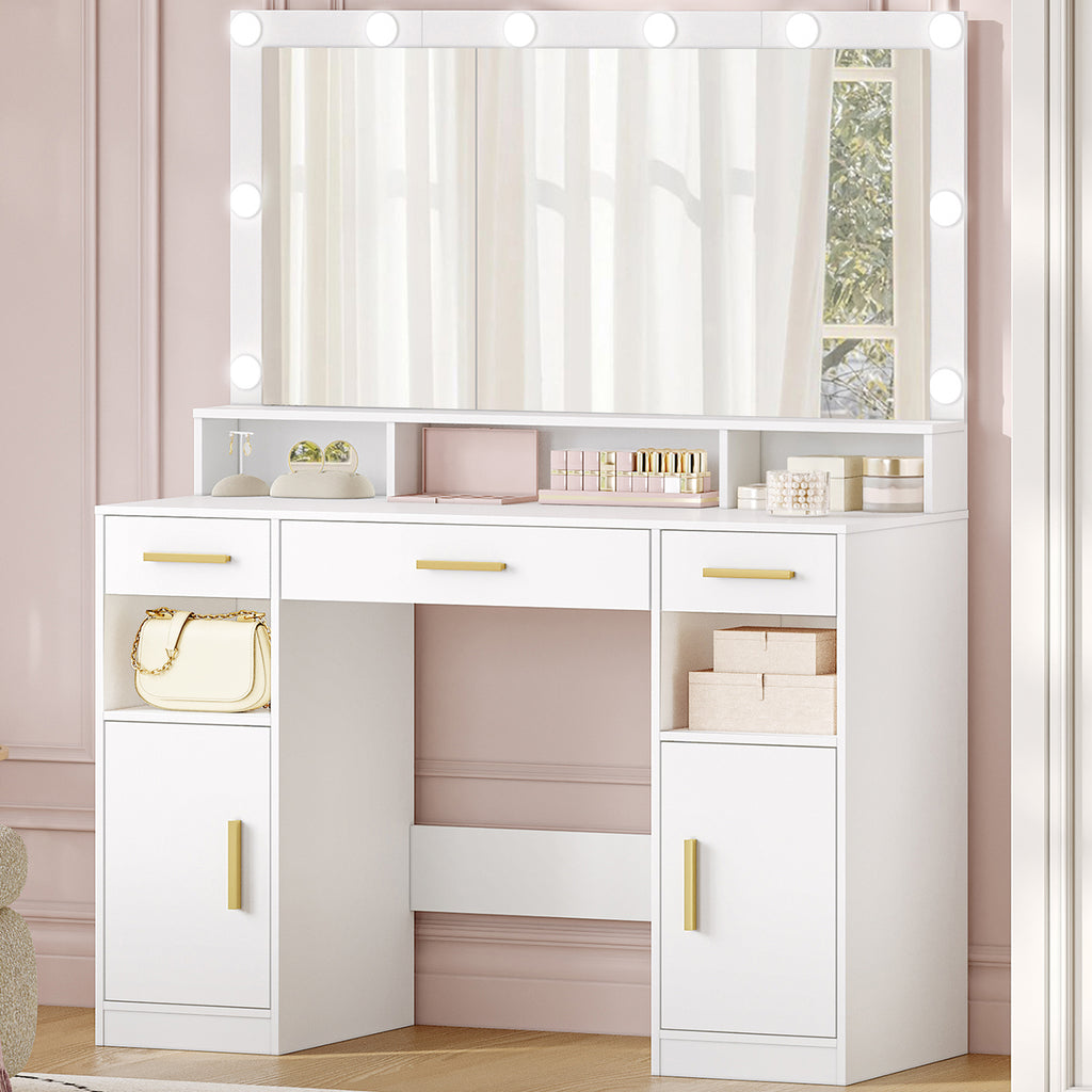 HEXCELEN Dressing Table with Large Mirror, Large Dressing Table with Drawers, Vanity Table, 3 Drawers, 2 Shelves, 5 Open Compartments, 40 × 108 × 140 cm, White,108303X
